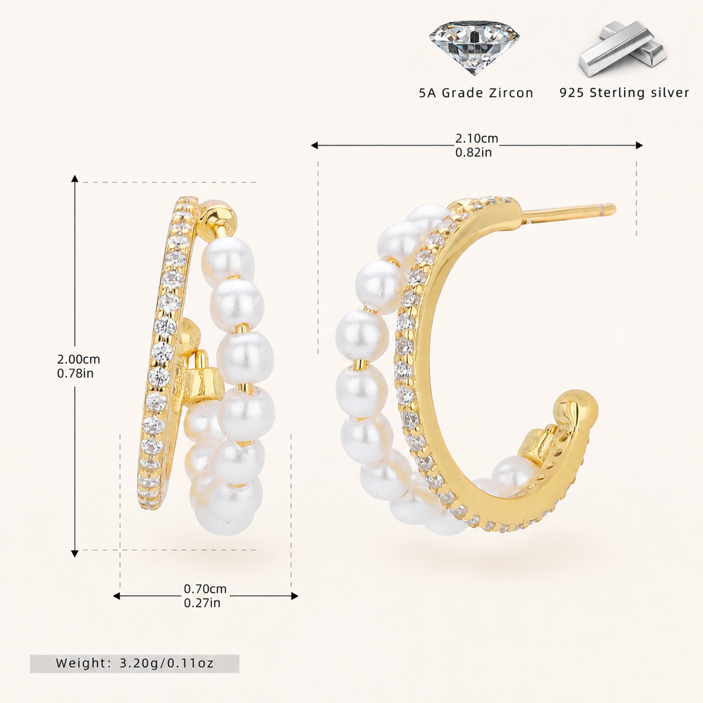 Sterling Silver Pearl and Zirconia Stud Earrings - Gold