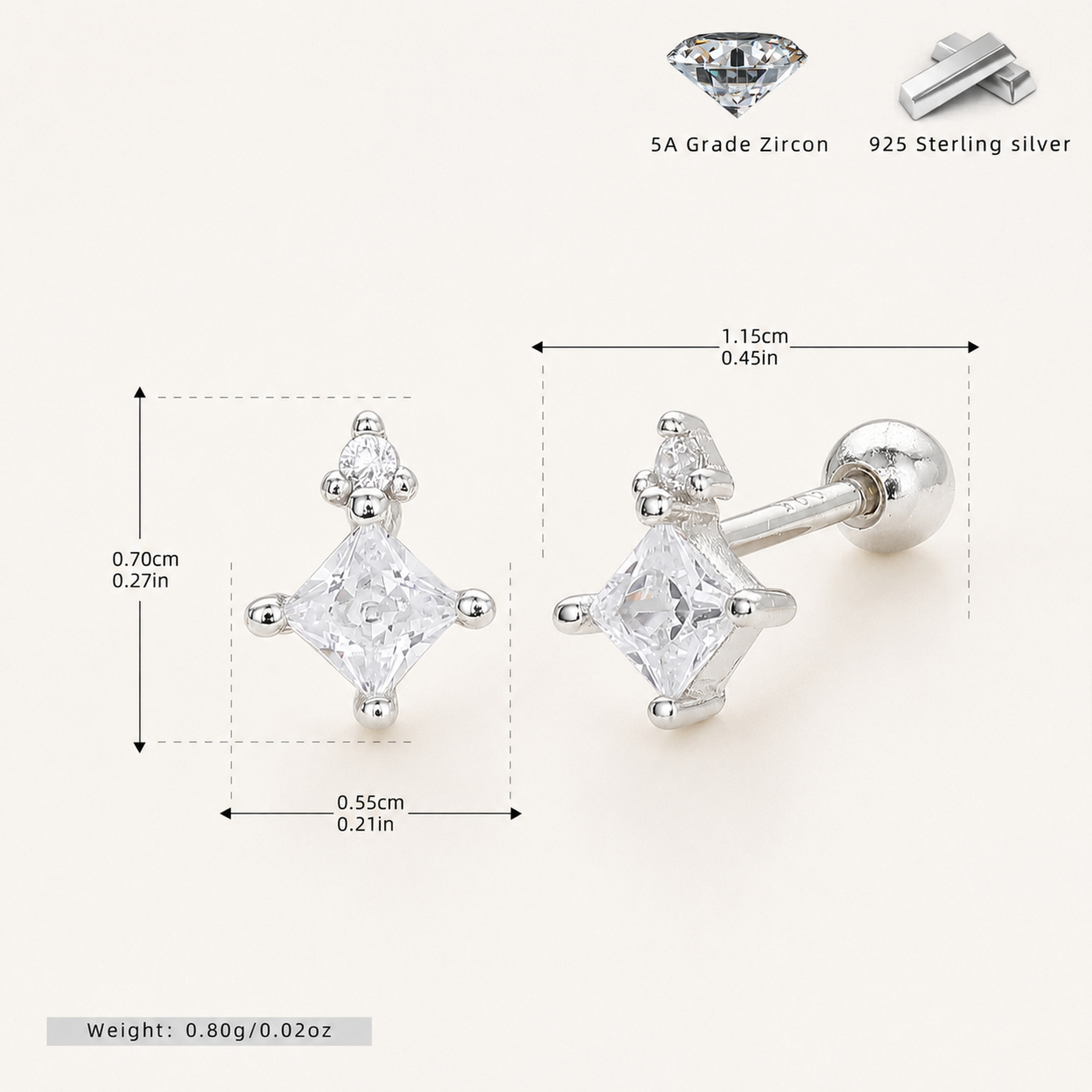 Sterling Silver Star Zirconia Flat Back Earrings - Platinum