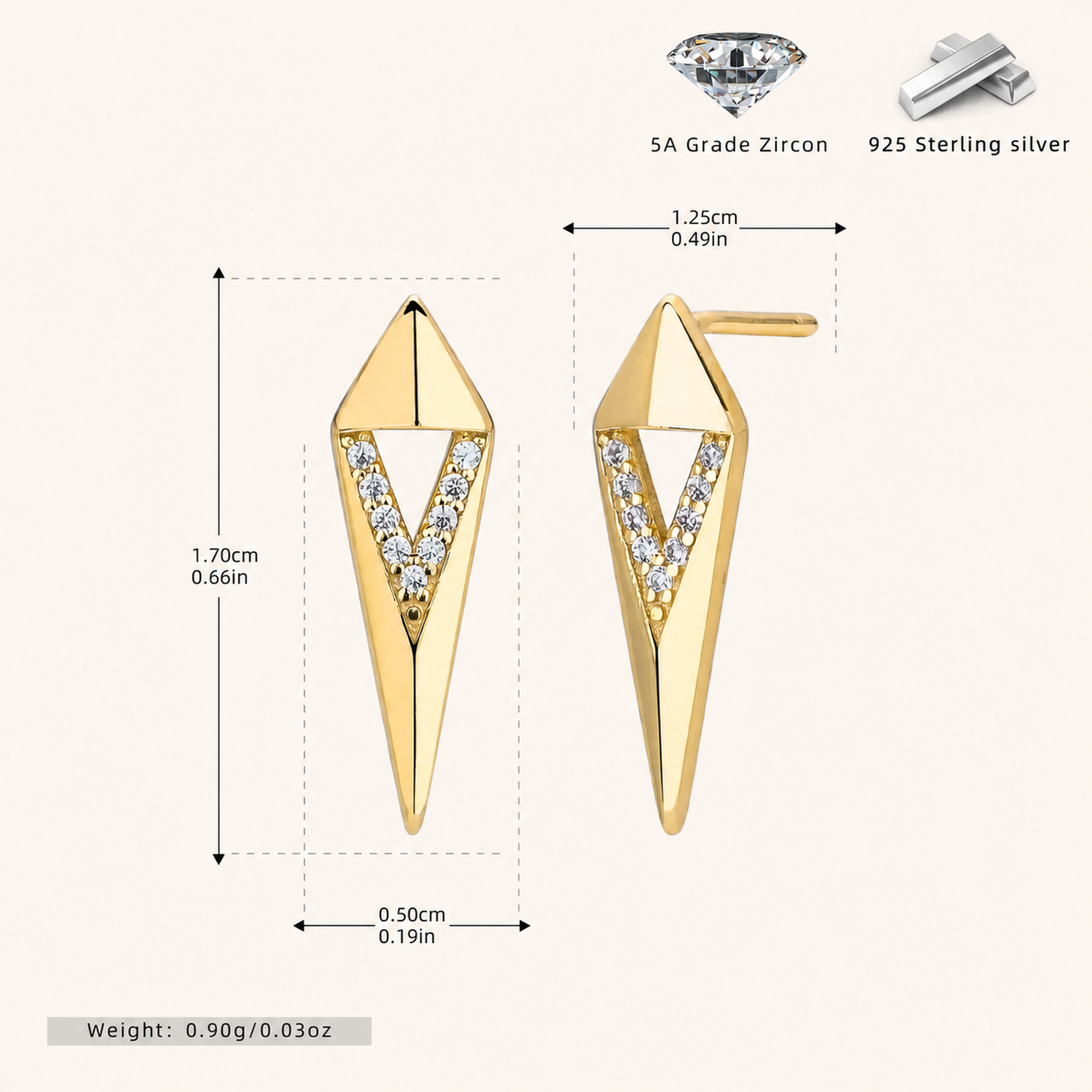 Sterling Silver Geometric Rhombus Zirconia Stud Earrings - Gold