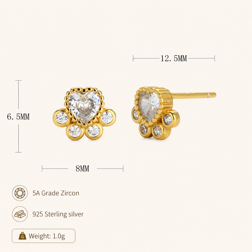 Sterling Silver Cat Paw Zirconia Flower Stud Earrings - Gold