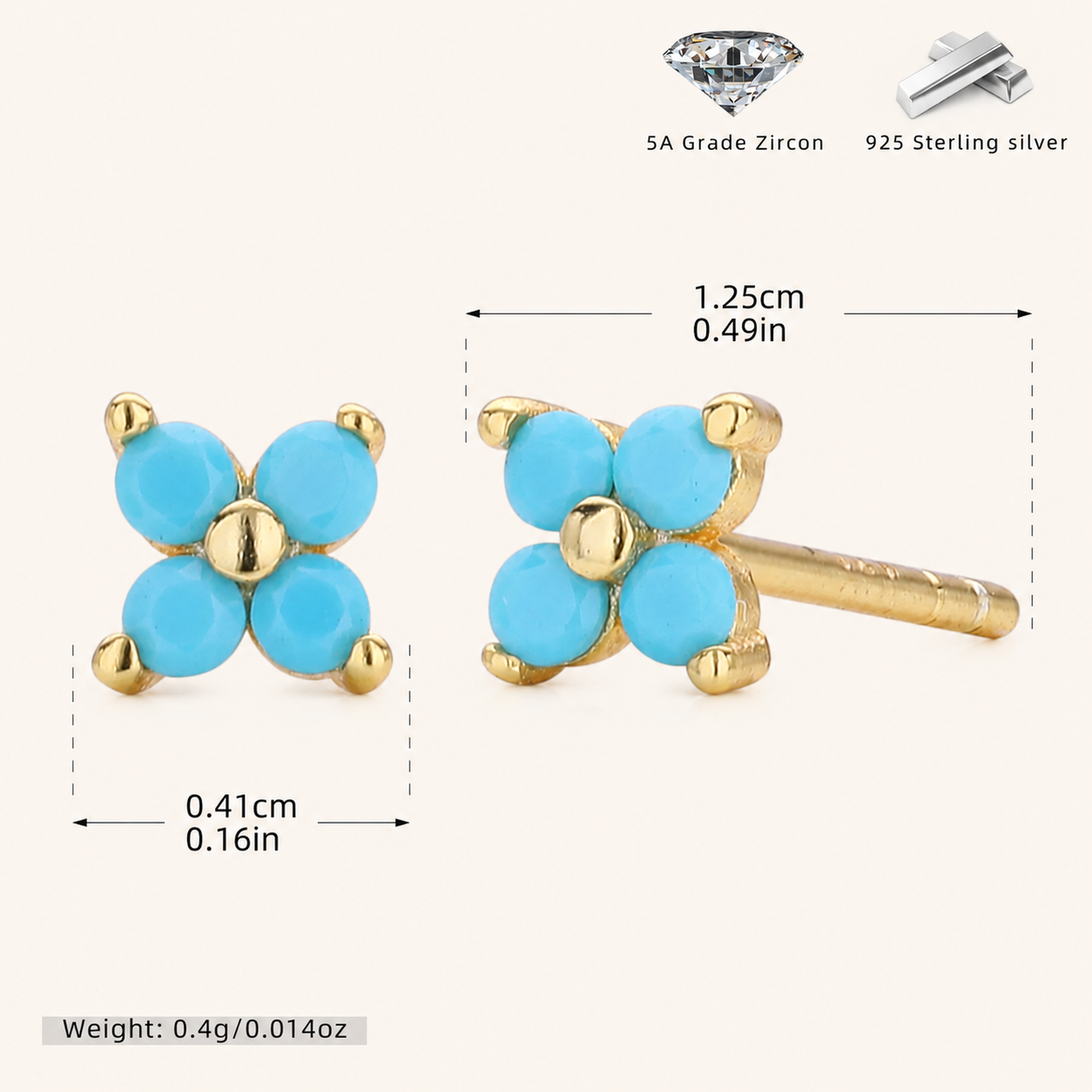 Sterling Silver Four-Petal Flower Stud Earrings - Gold / Turquoise