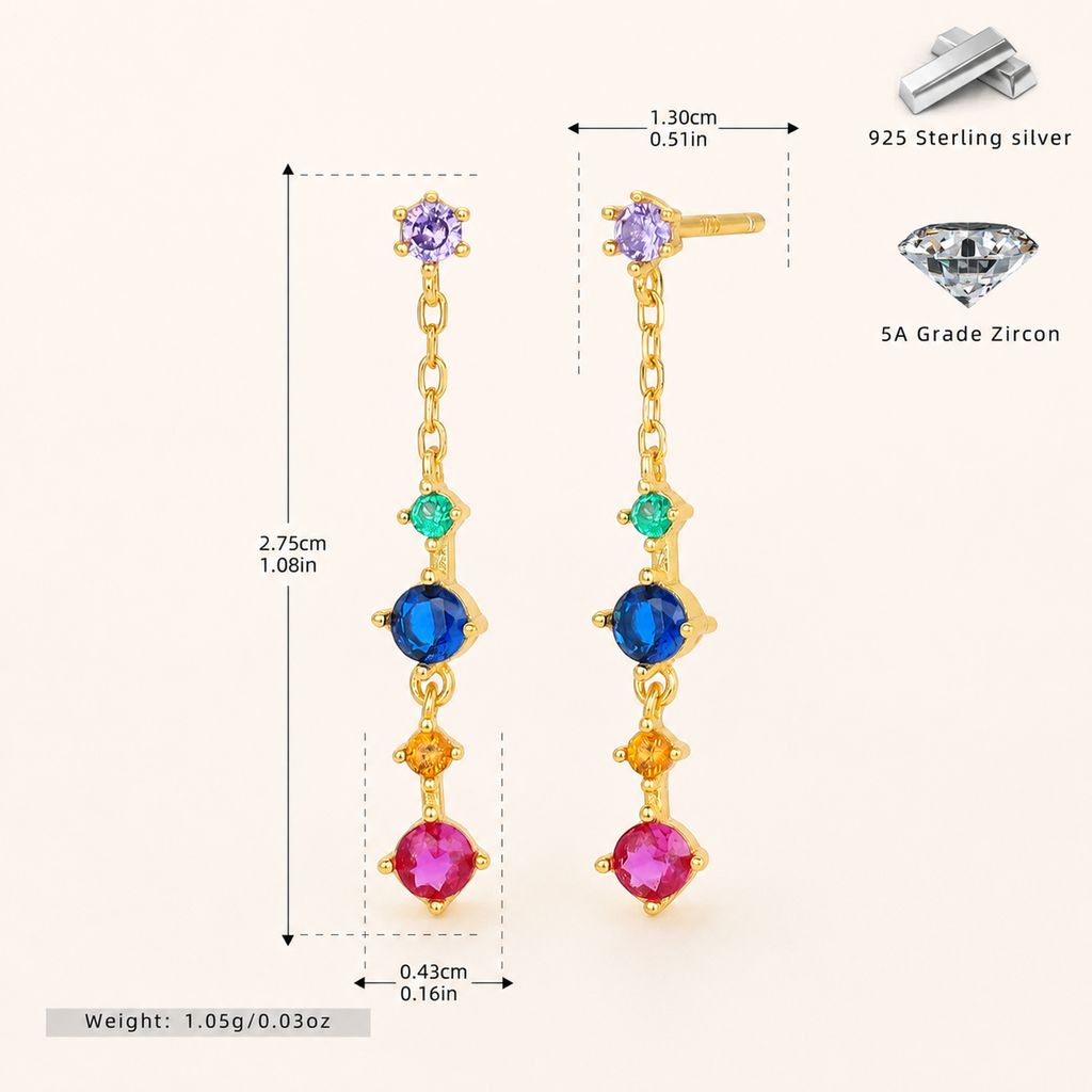 Sterling Silver Geometric Zirconia Tassel Drop Stud Earrings - Gold