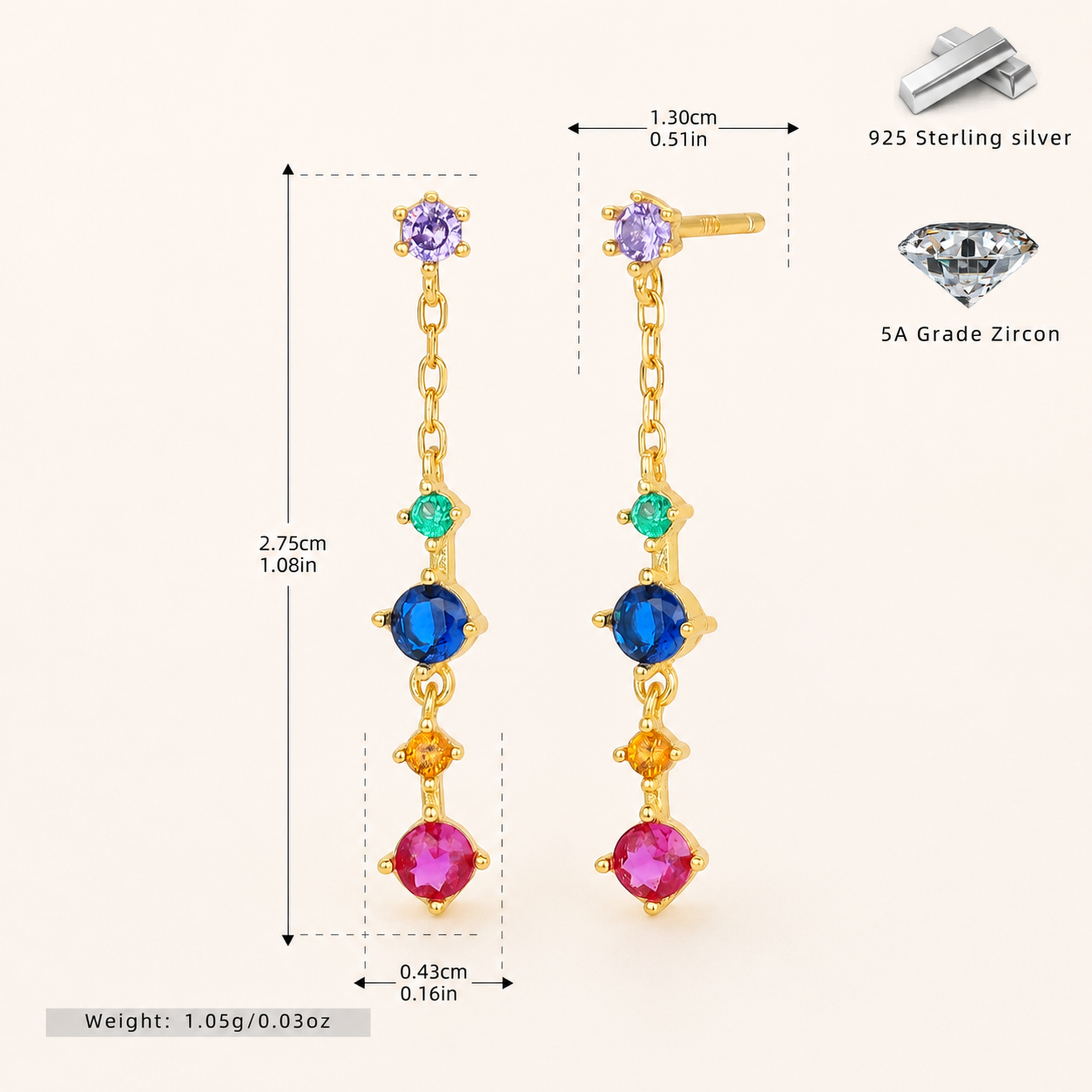 Sterling Silver Geometric Zirconia Tassel Drop Stud Earrings - Gold