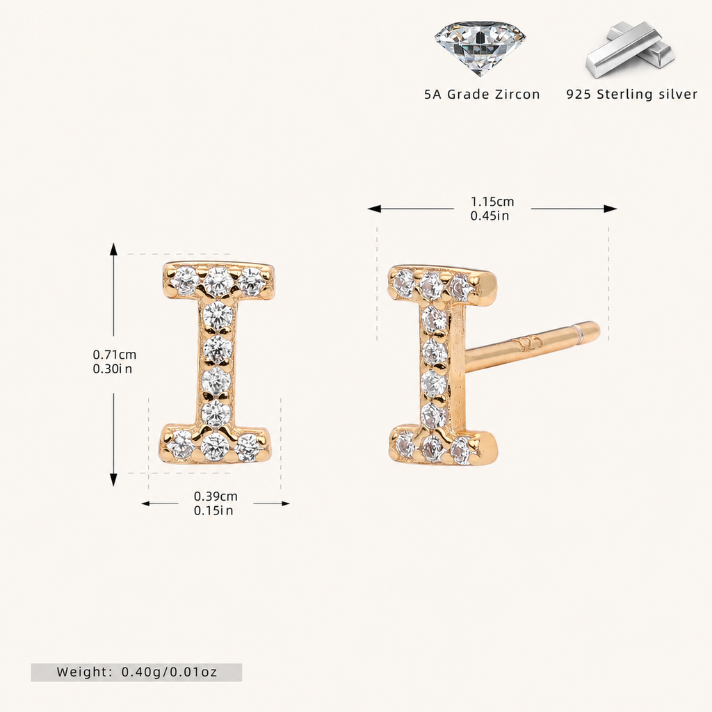 Sterling Silver Pave Initial Letter Stud Earrings - Gold / I