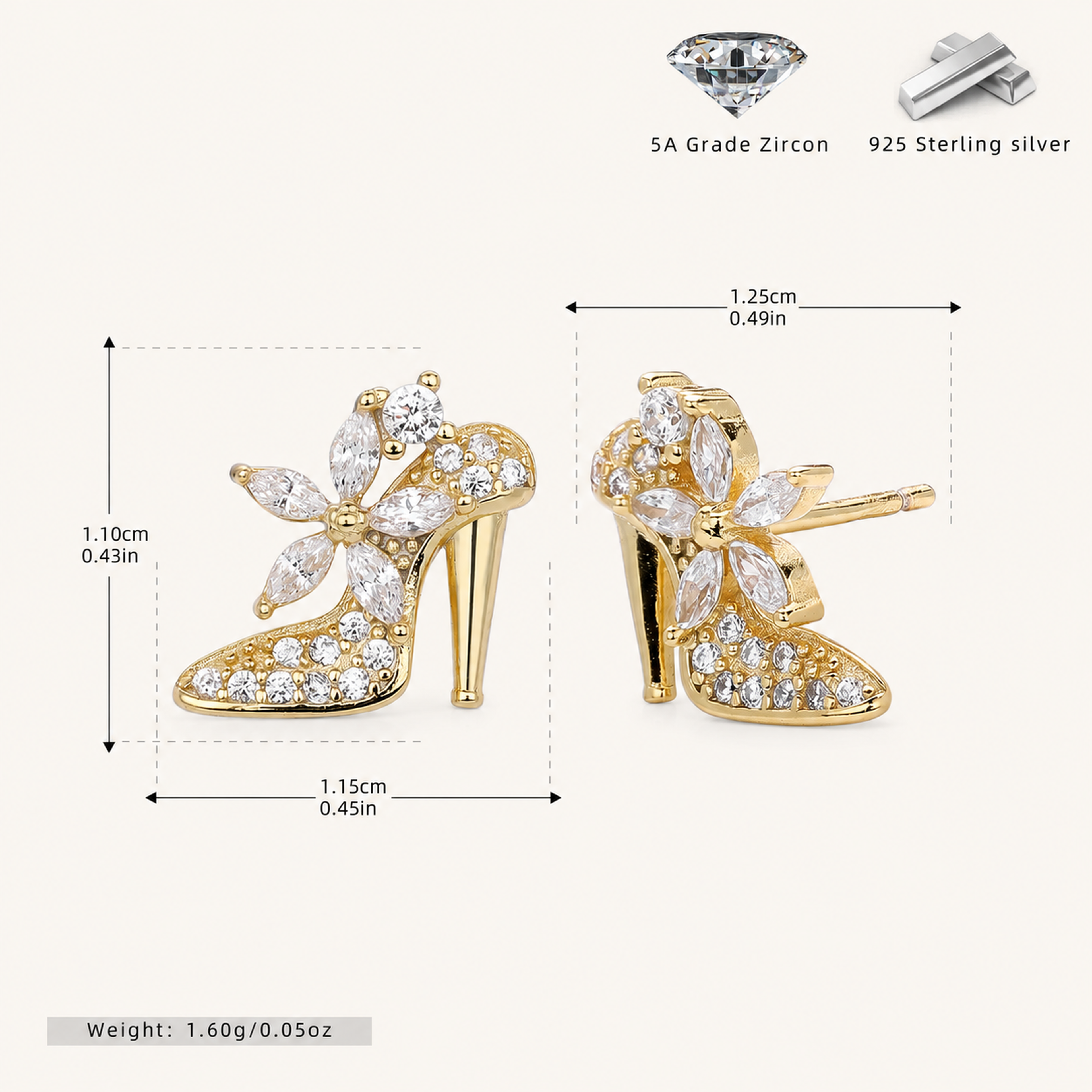 Sterling Silver High Heel Zirconia Stud Earrings - Gold