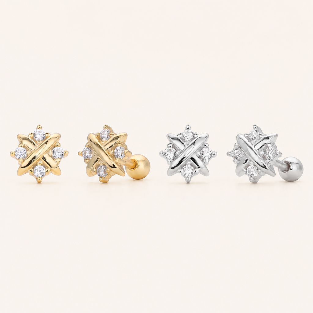 Sterling Silver X-Shape Zirconia Flat Back Earrings