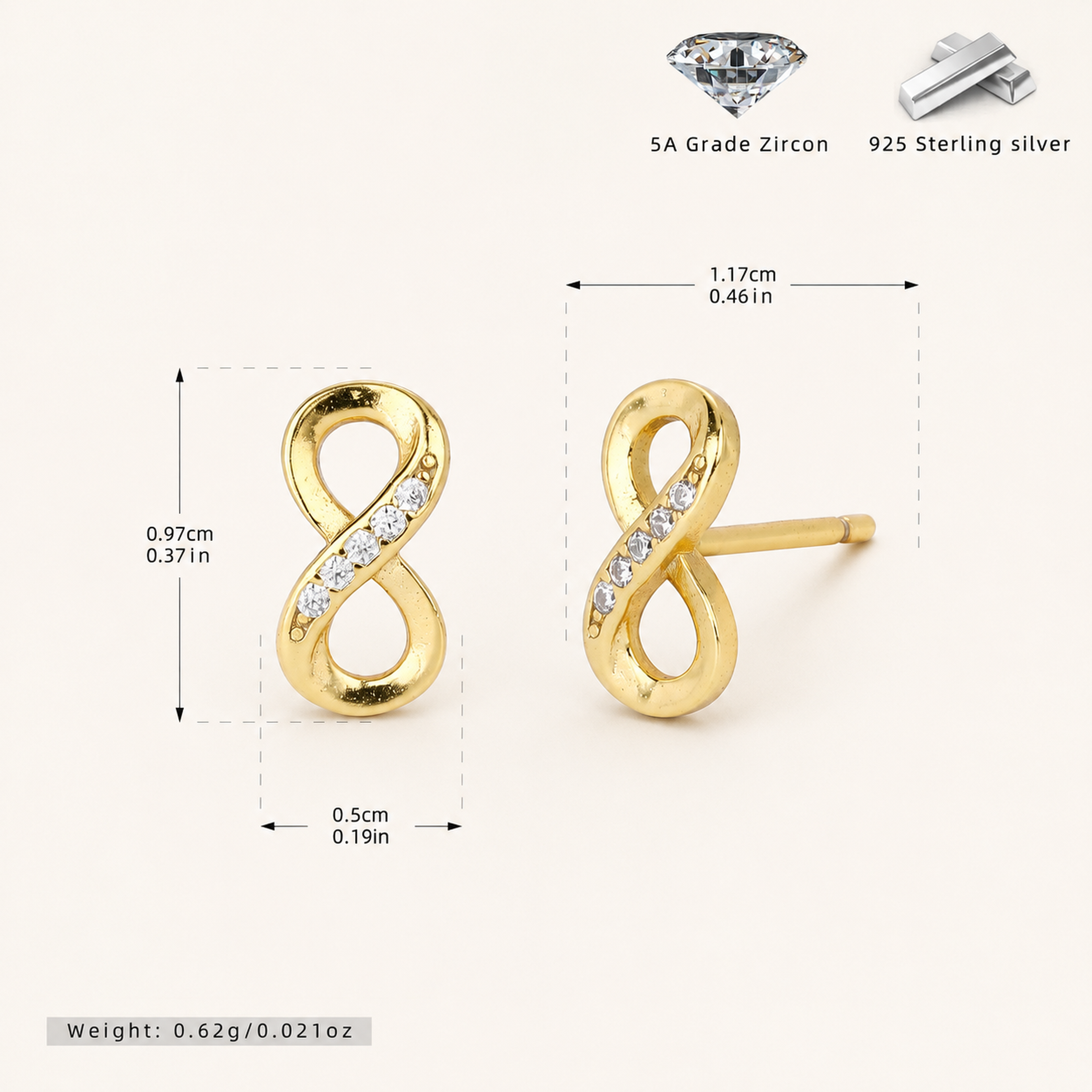 Sterling Silver Figure-Eight Zirconia Stud Earrings - Gold