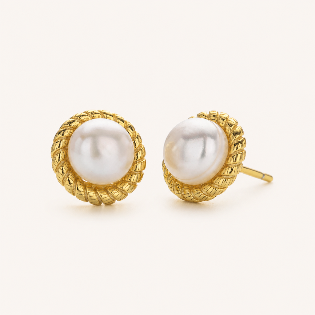 Sterling Silver Round Pearl Stud Earrings detail view