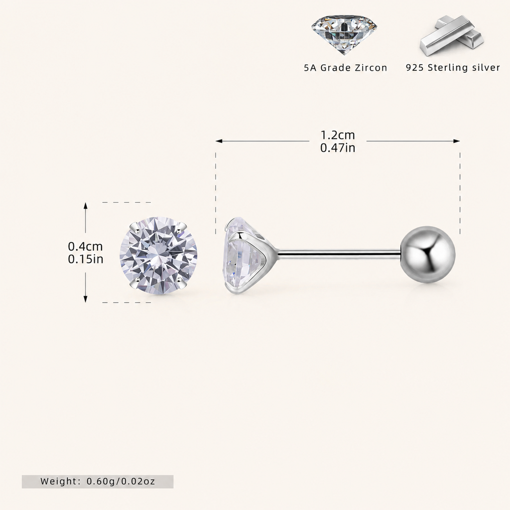 Sterling Silver Four-Prong Zirconia Flat Back Earrings - Platinum / 4mm
