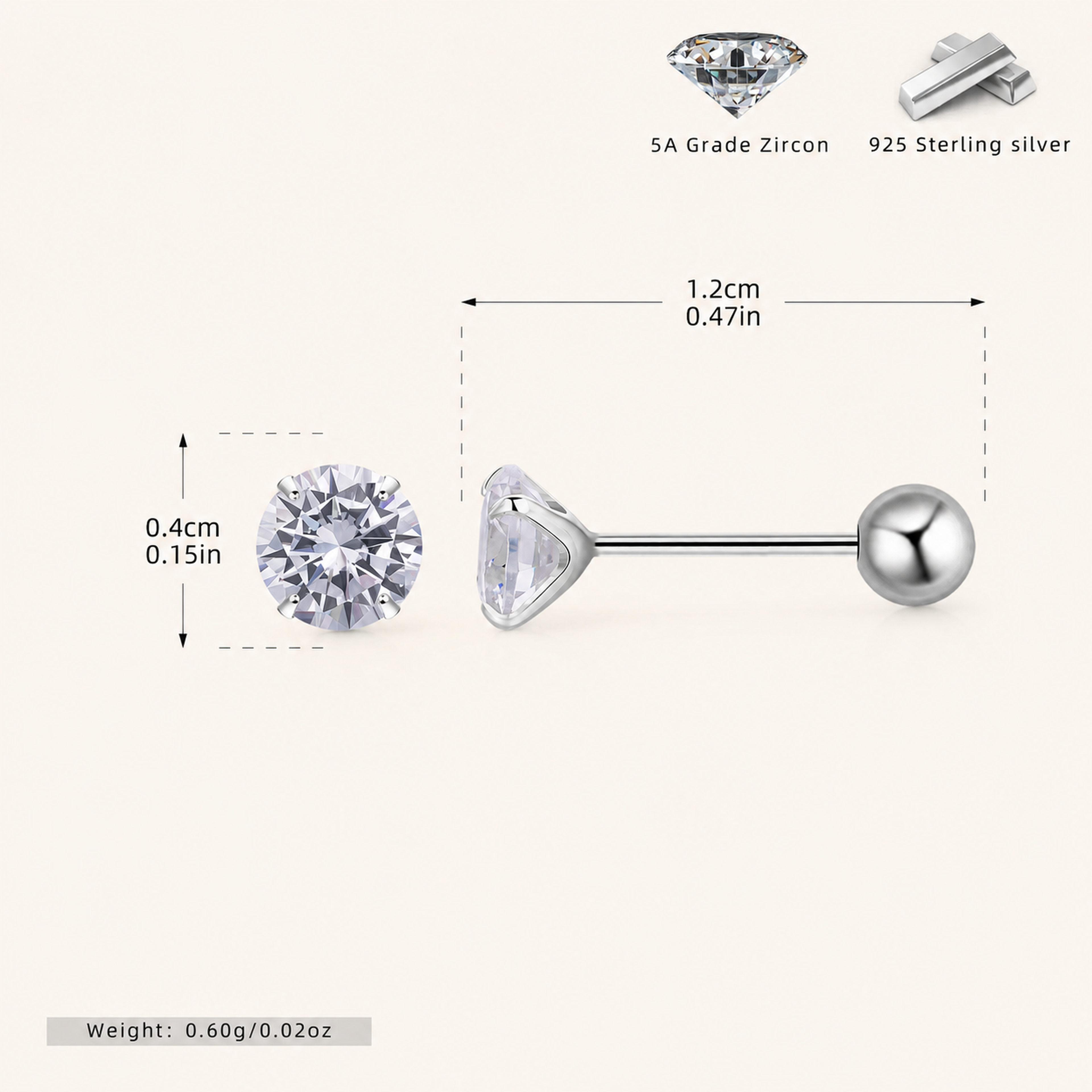 Sterling Silver Four-Prong Zirconia Flat Back Earrings - Platinum / 4mm