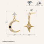 Sterling Silver Star and Moon Chain Drop Stud Earrings - Gold
