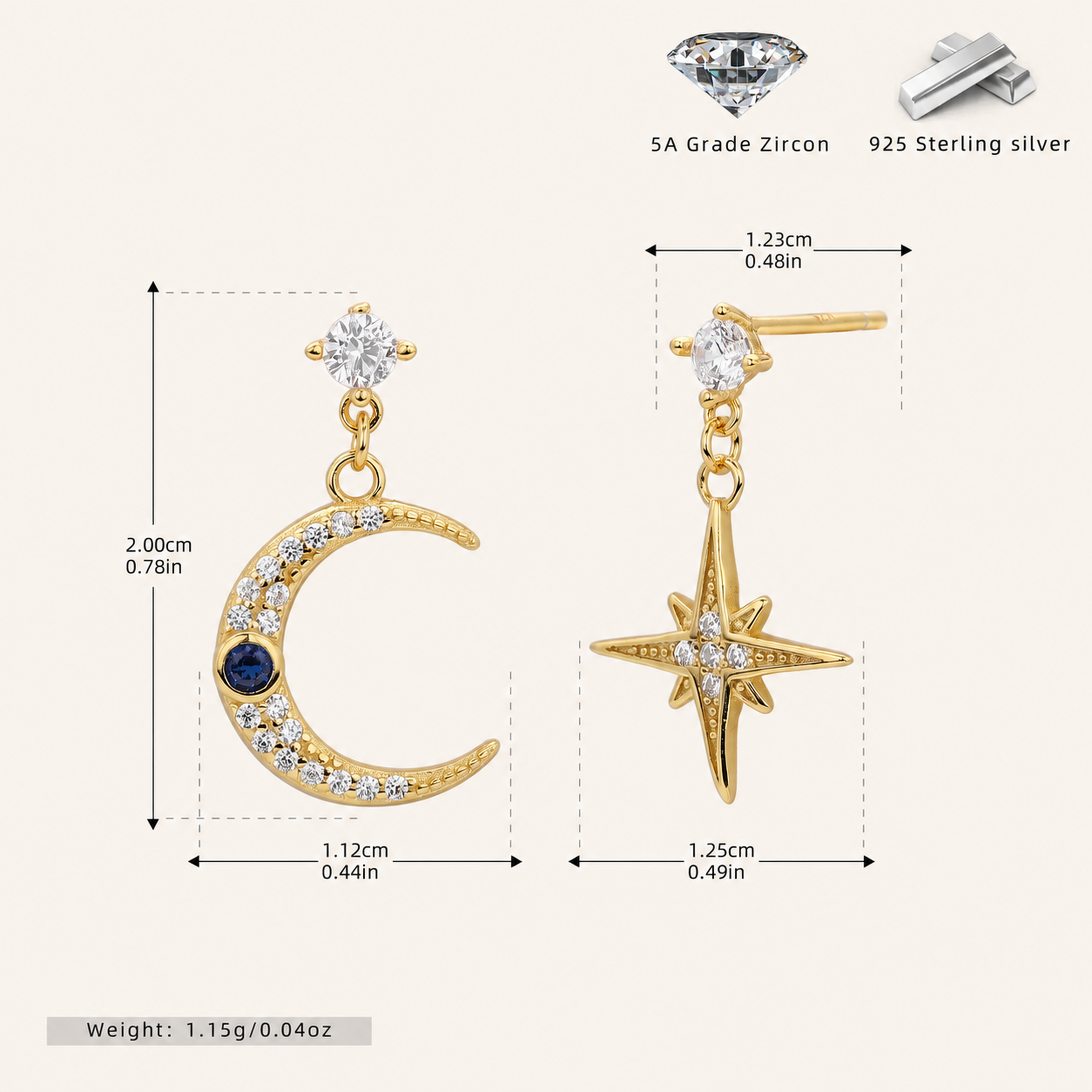 Sterling Silver Star and Moon Chain Drop Stud Earrings - Gold