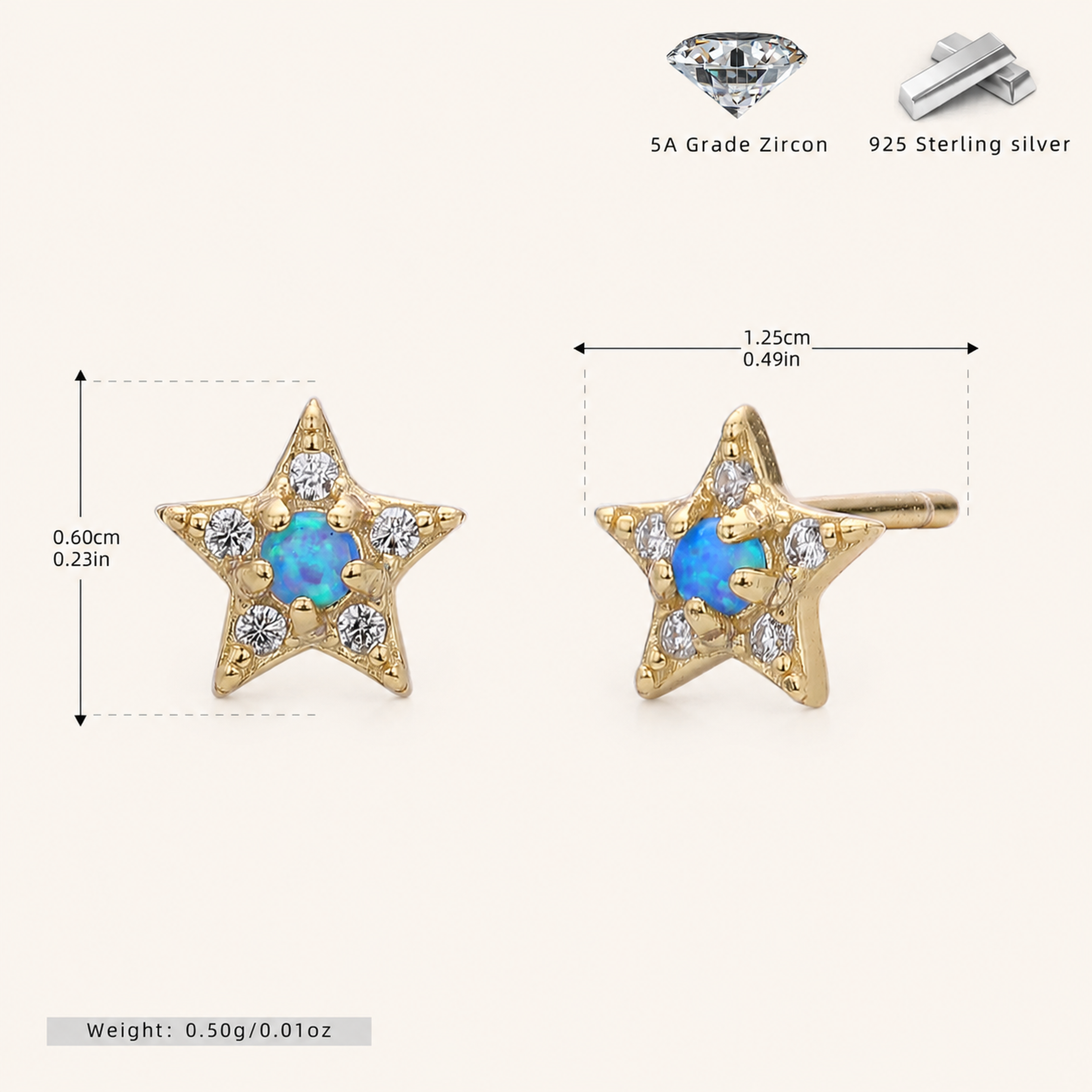 Sterling Silver Blue Opal Star Stud Earrings - Gold