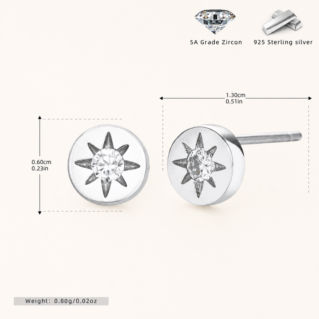 Sterling Silver Eight-Point Star Solitaire Stud Earrings - Platinum