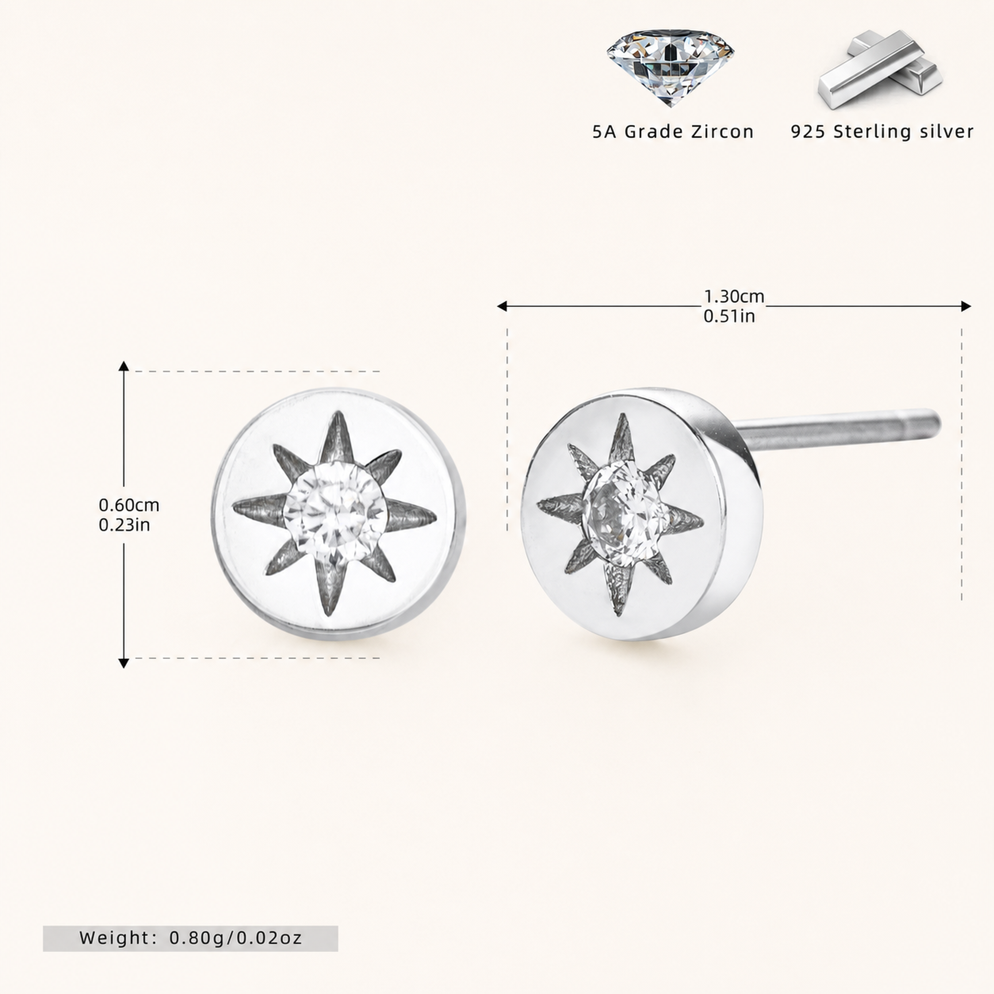 Sterling Silver Eight-Point Star Solitaire Stud Earrings - Platinum