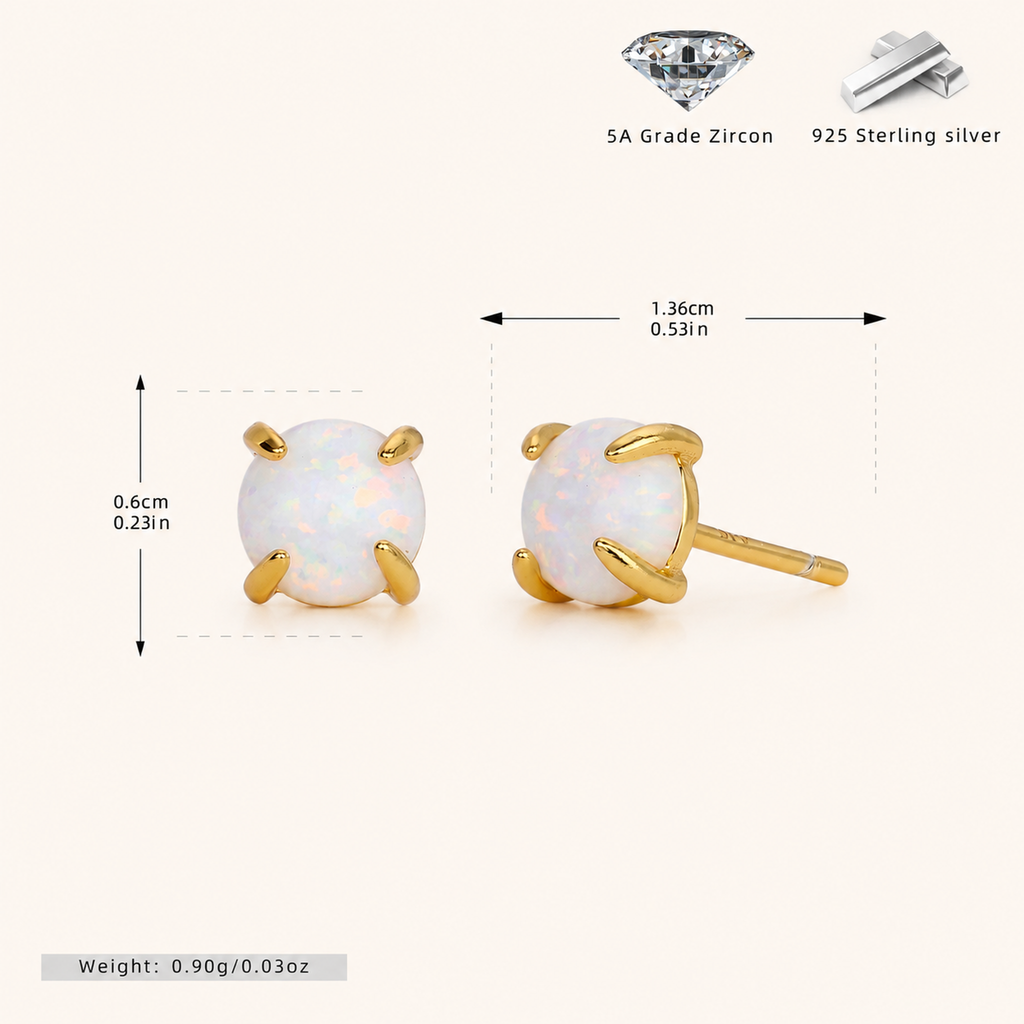 Sterling Silver Mini Opal Stud Earrings - Gold / 6mm / White Opal