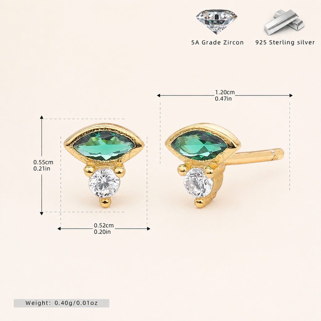 Sterling Silver French Emerald-Green Zirconia Stud Earrings - Gold