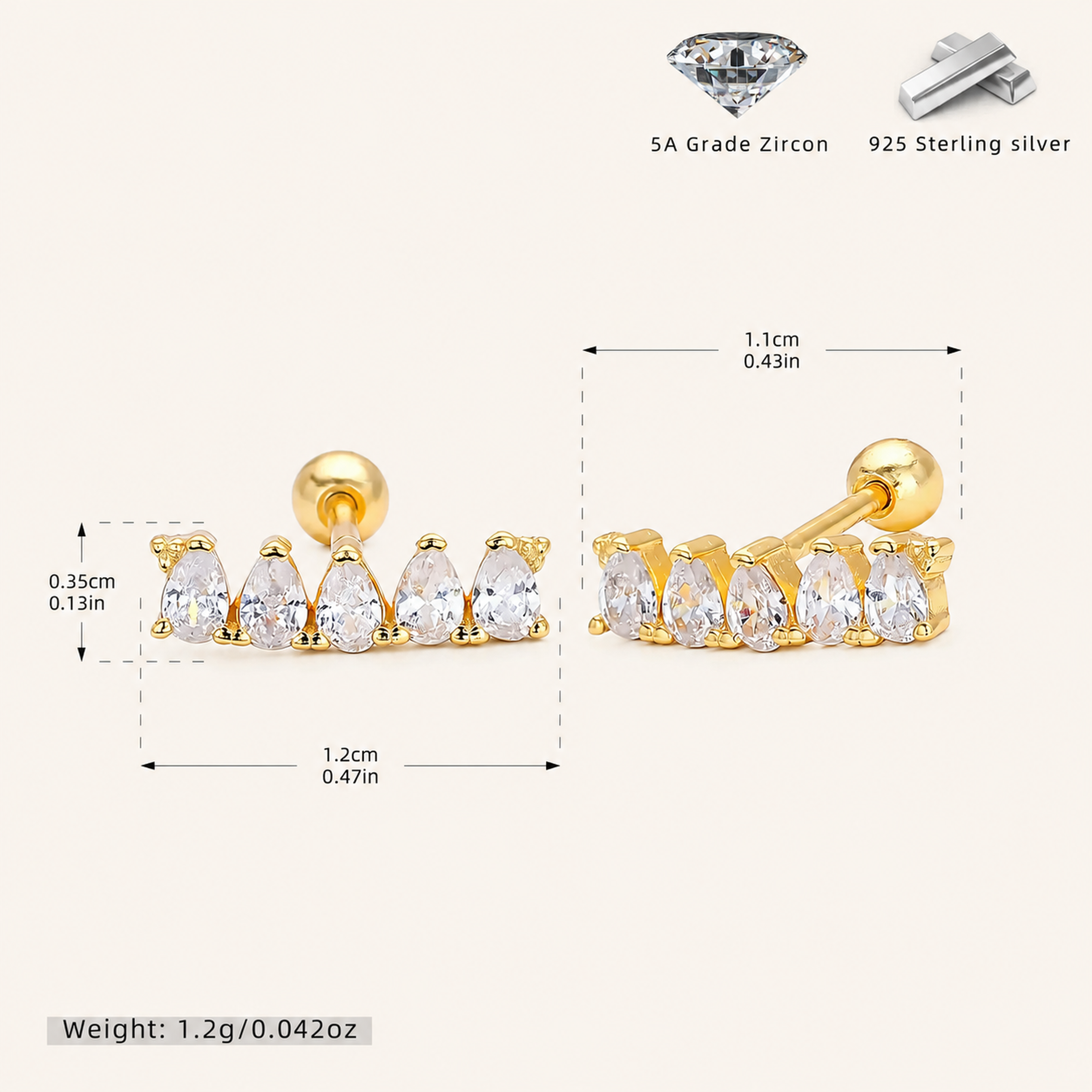 Sterling Silver Marquise Zirconia Bar Flat Back Earrings - Gold