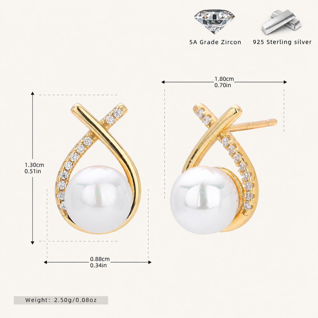 Sterling Silver Pearl And Crossover Zirconia Stud Earrings - Gold