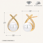Sterling Silver Pearl And Crossover Zirconia Stud Earrings - Gold