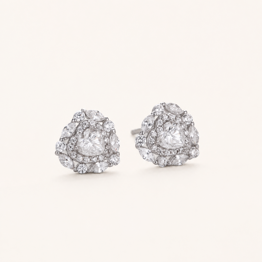 Sterling Silver Moissanite Heart Stud Earrings detail view
