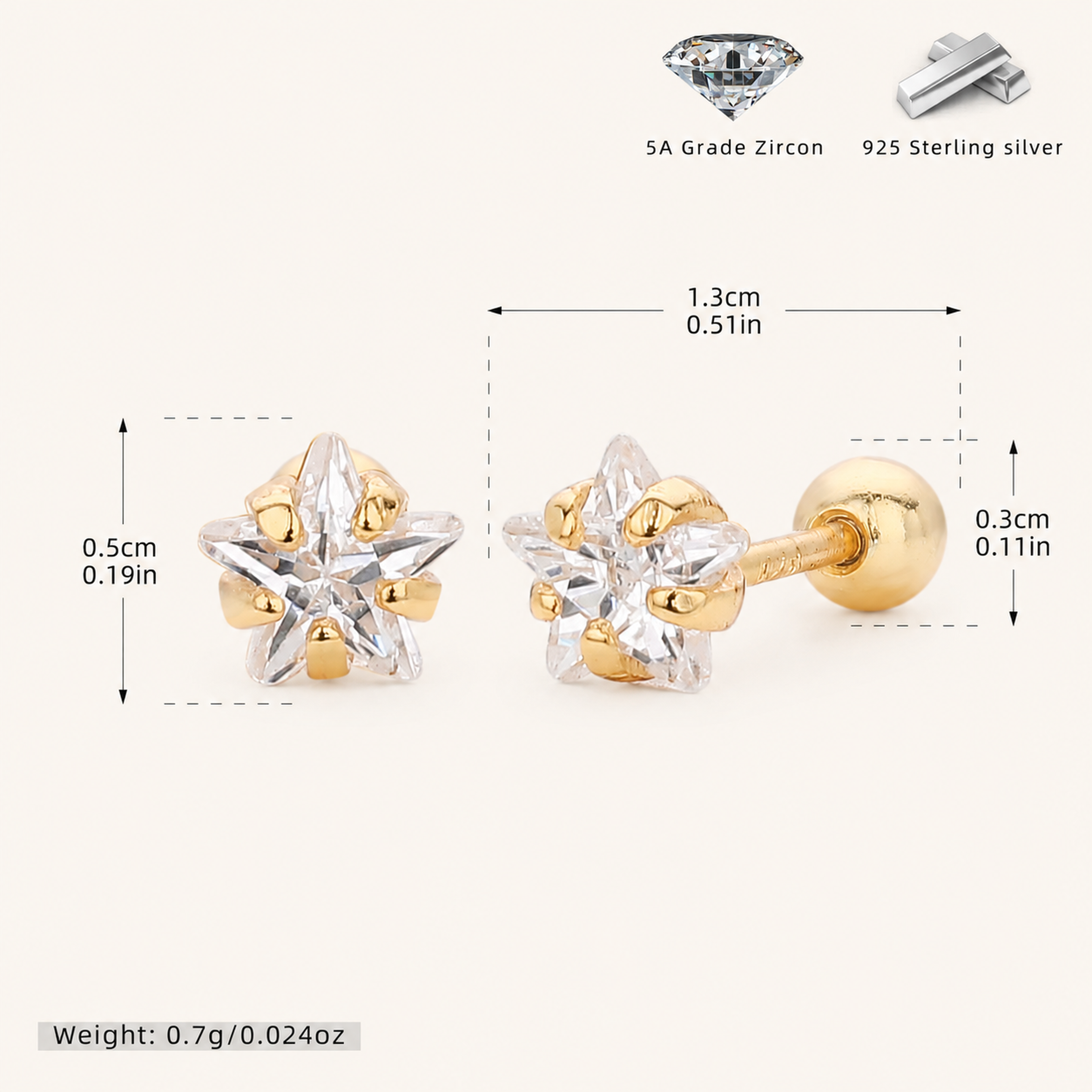 Sterling Silver Five-Point Star Zirconia Flat Back Earrings - Gold / 5mm
