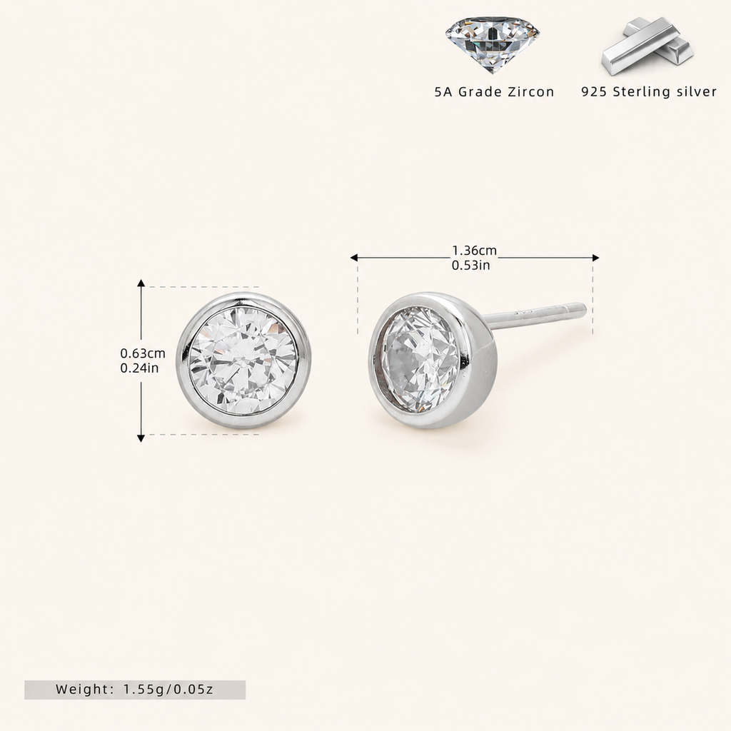 Sterling Silver Round Zirconia Stud Earrings - Platinum