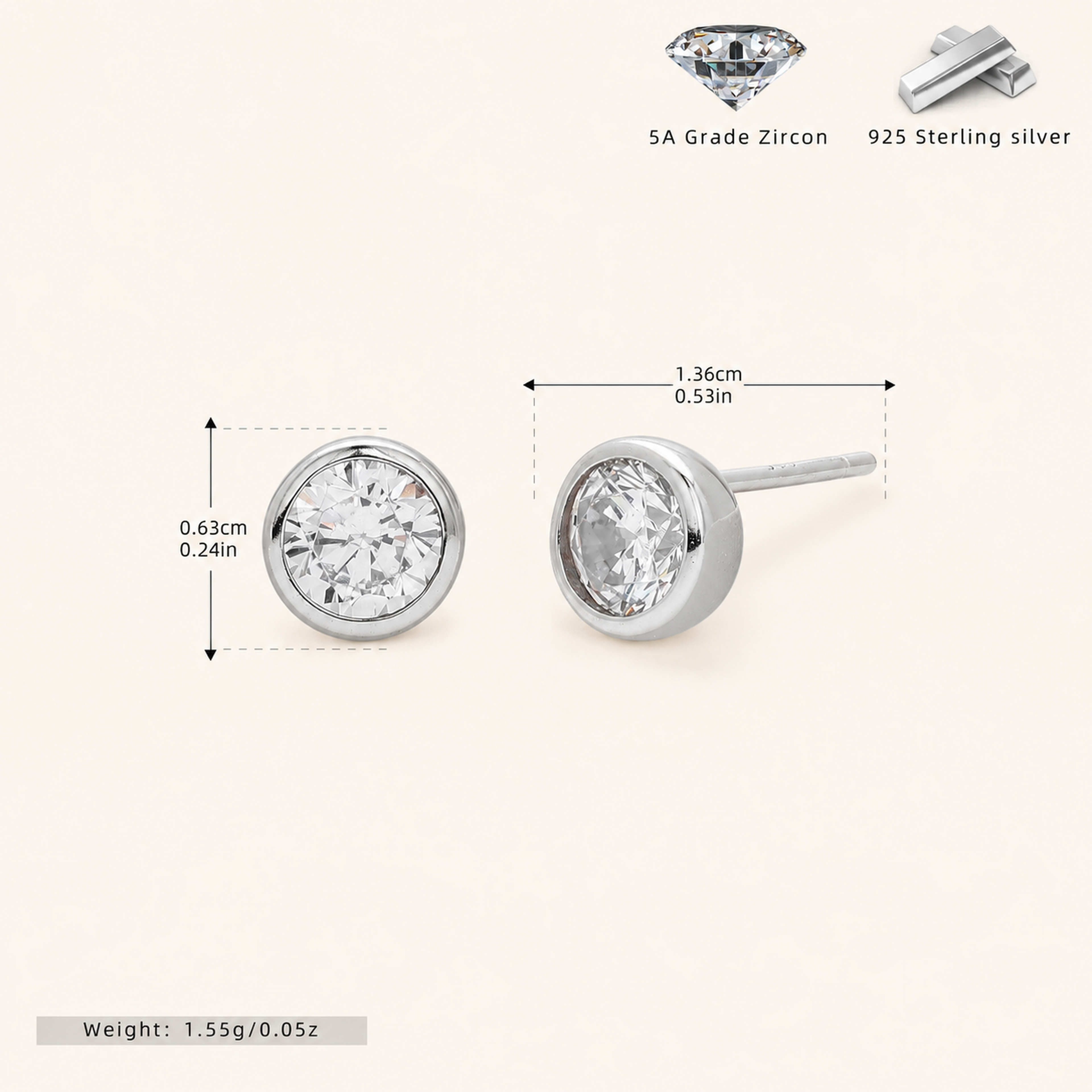 Sterling Silver Round Zirconia Stud Earrings - Platinum