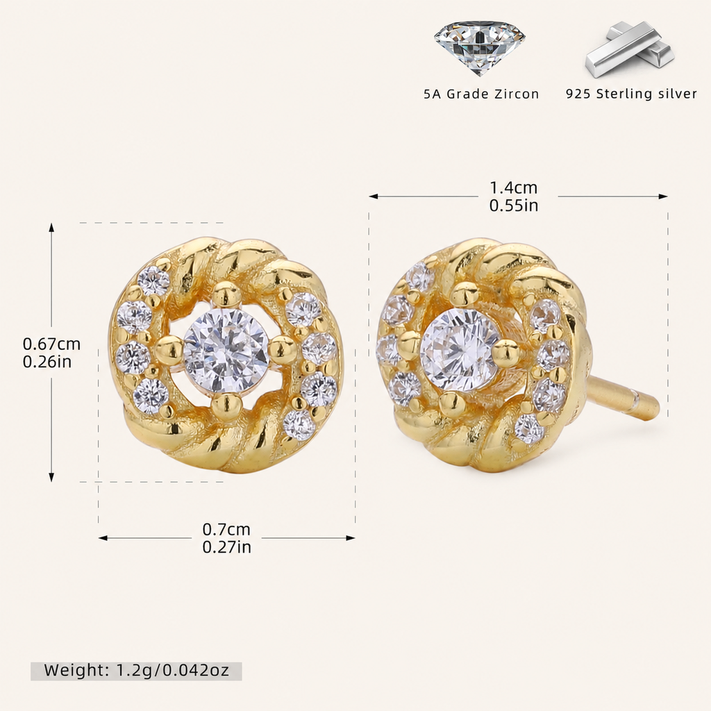 Sterling Silver Zirconia Twist Stud Earrings - Gold