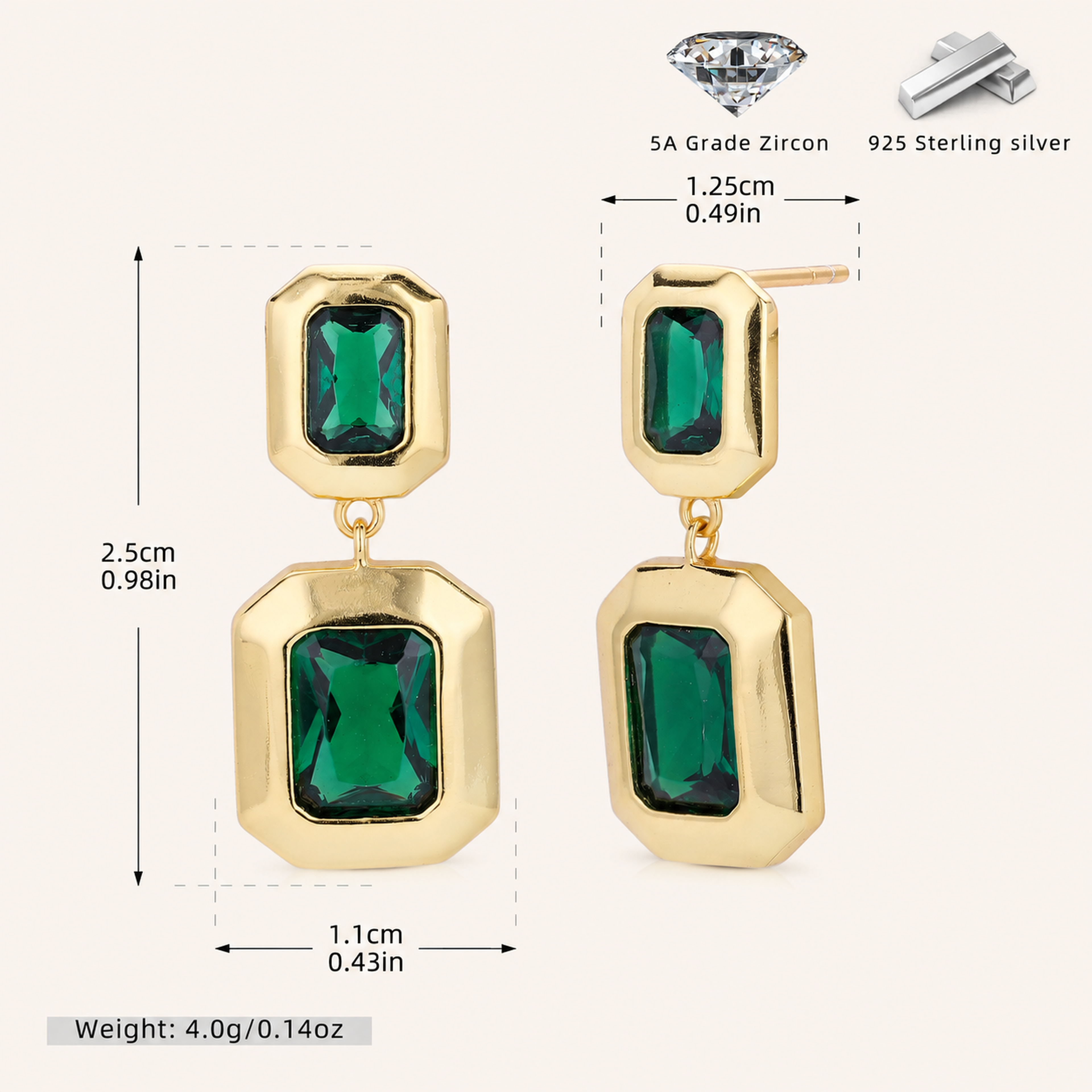Sterling Silver Emerald-Green Geometric Stud Earrings - Gold