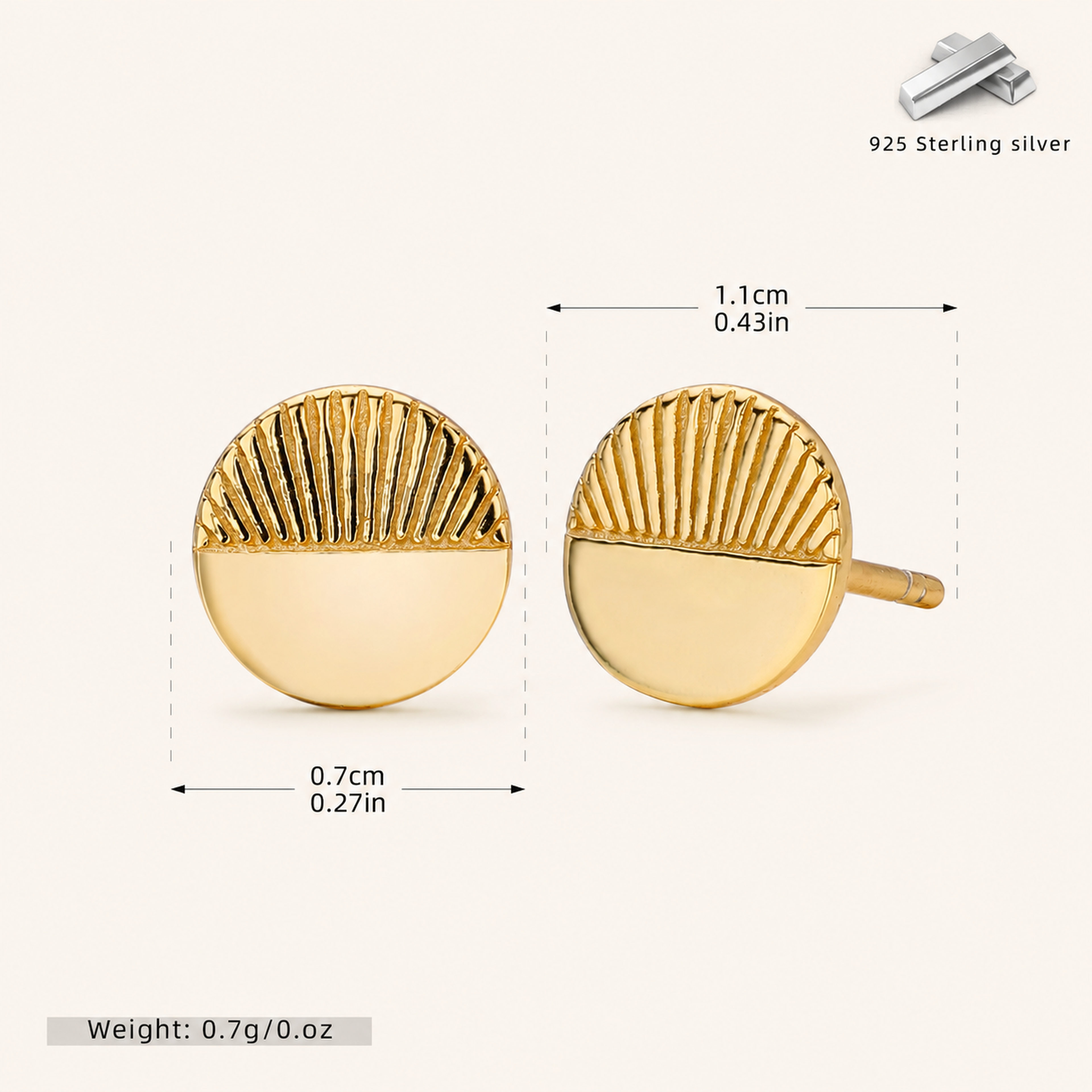 Sterling Silver Minimalist Disc Stud Earrings - Gold