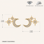 Sterling Silver Star and Moon Zirconia Stud Earrings - Gold