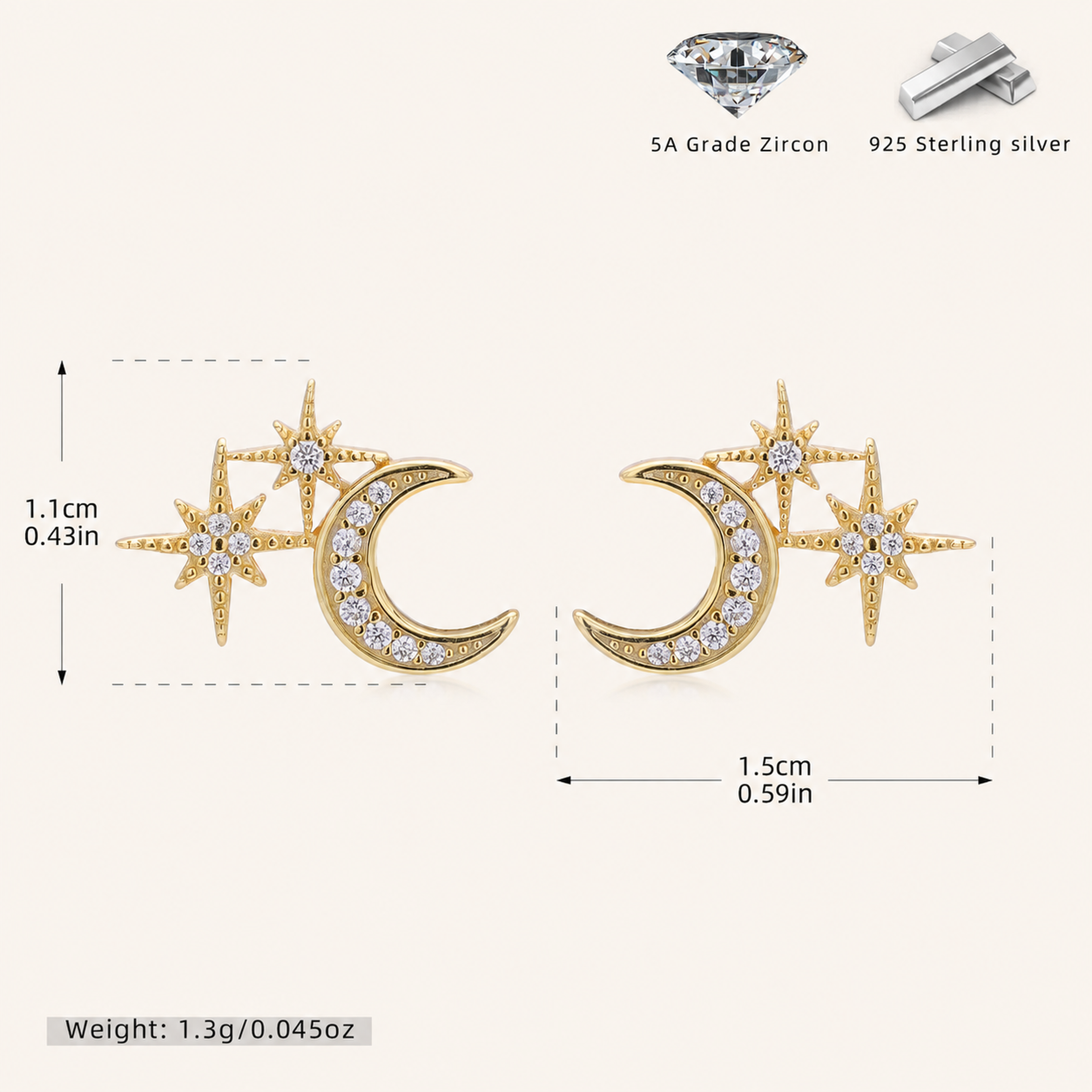 Sterling Silver Star and Moon Zirconia Stud Earrings - Gold