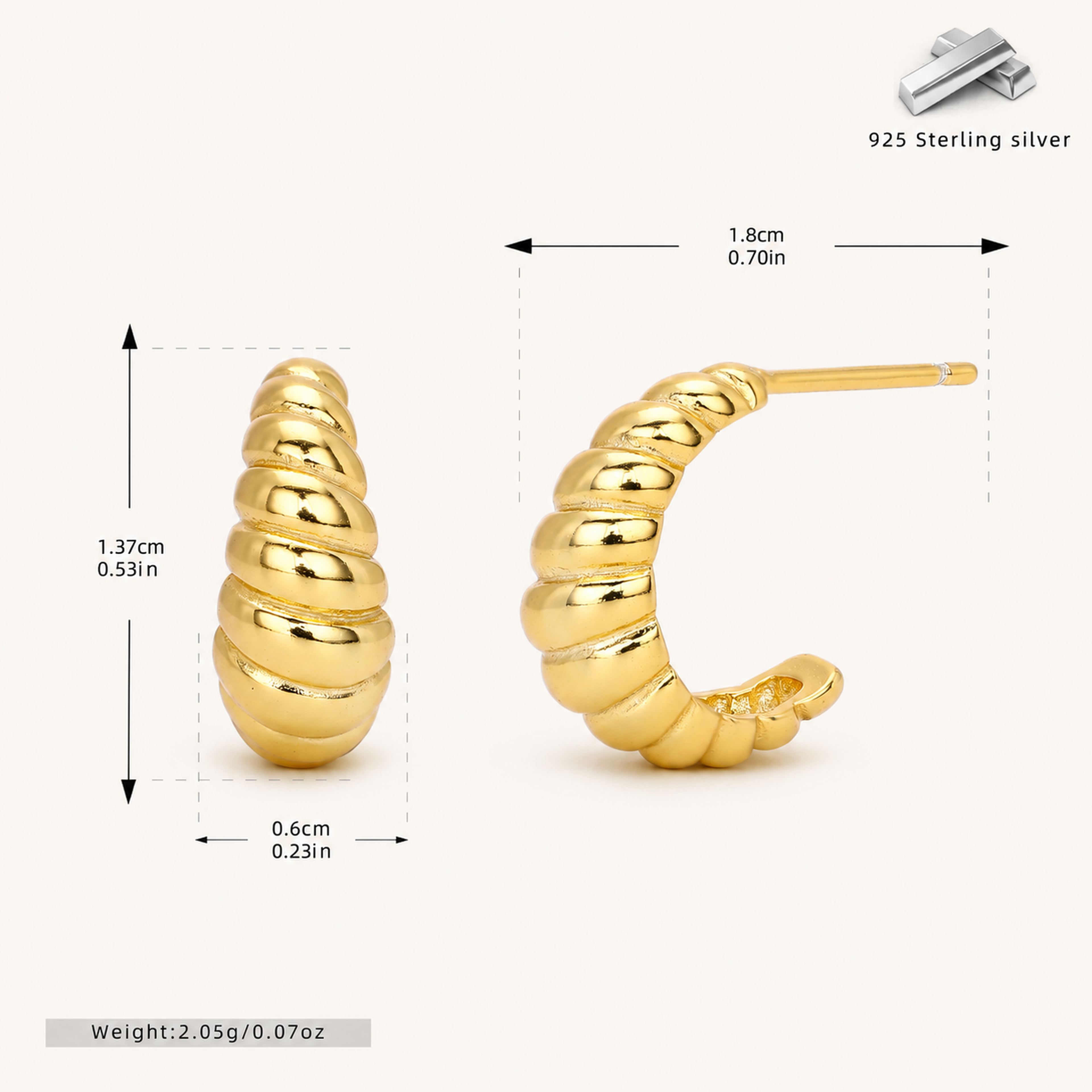Sterling Silver Croissant Twist Stud Earrings - Gold