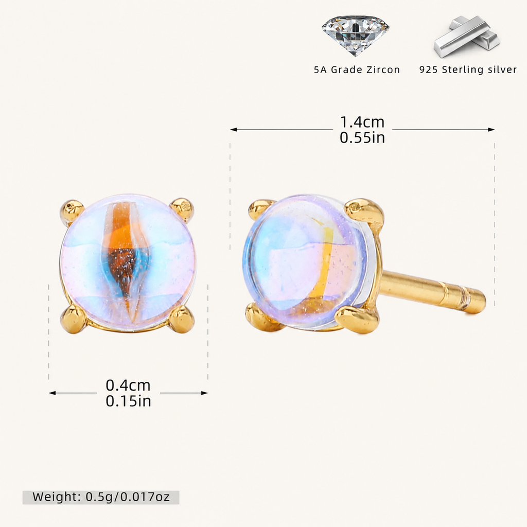 Sterling Silver Gemstone Solitaire Stud Earrings - Gold / Moonstone