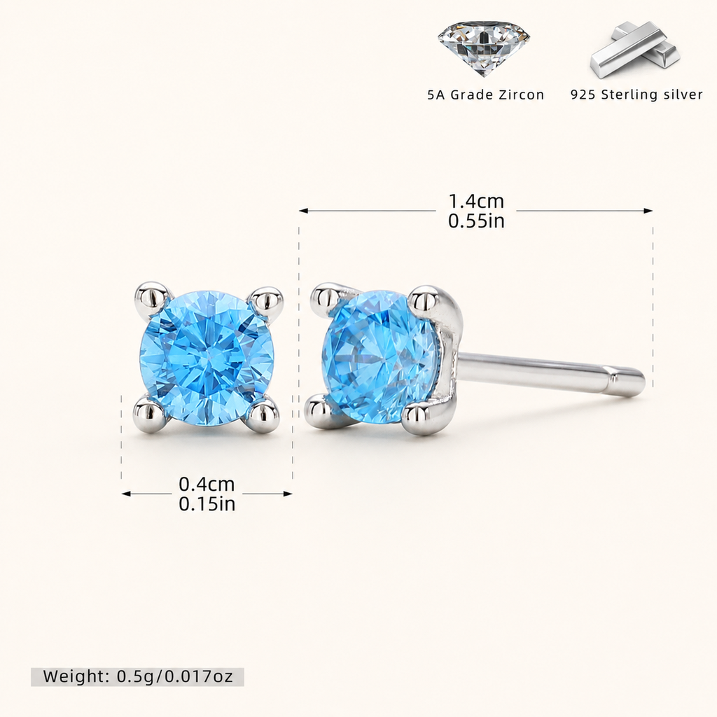 Sterling Silver Classic Zirconia Solitaire Stud Earrings - Platinum / Aqua