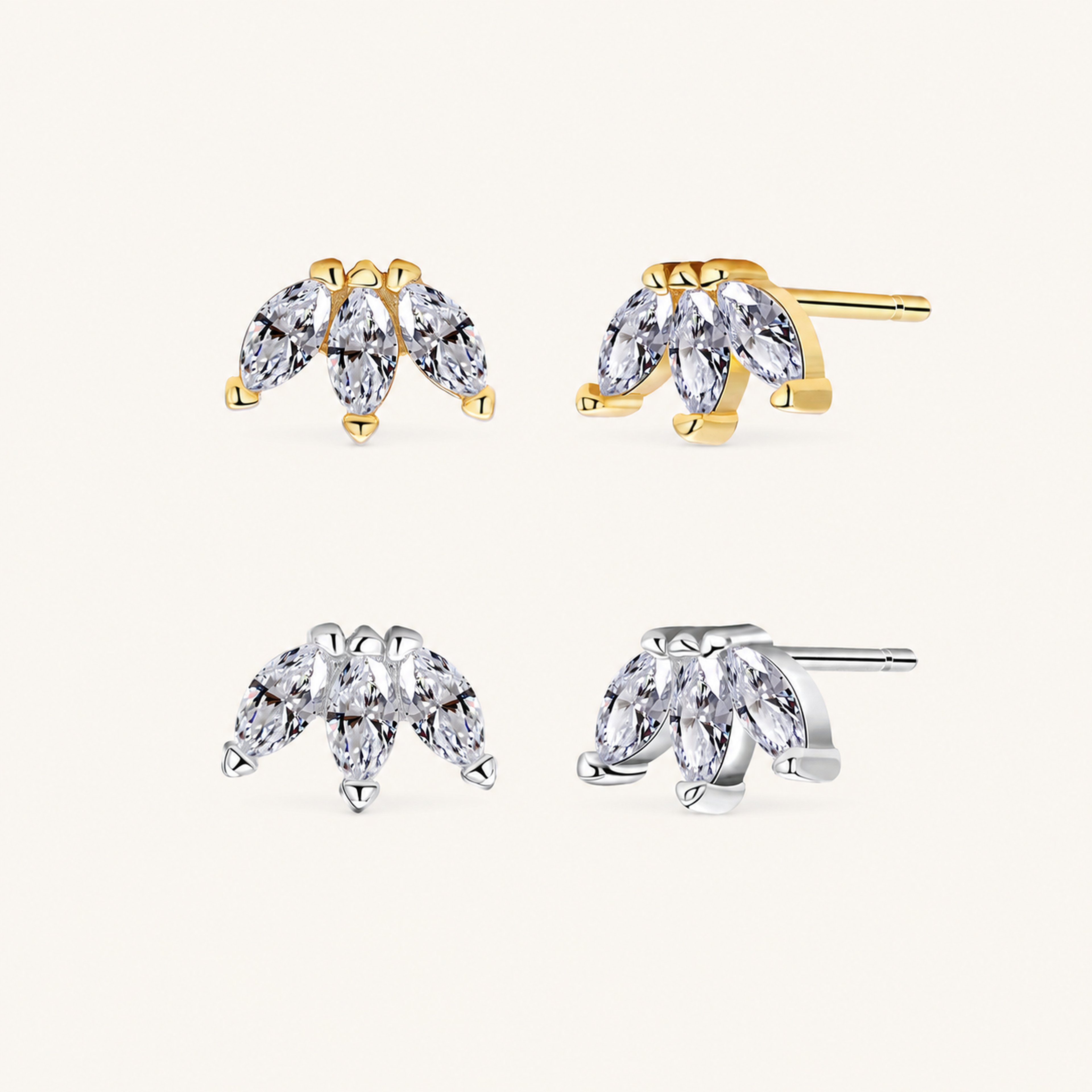 Sterling Silver Marquise Zirconia Crown Stud Earrings