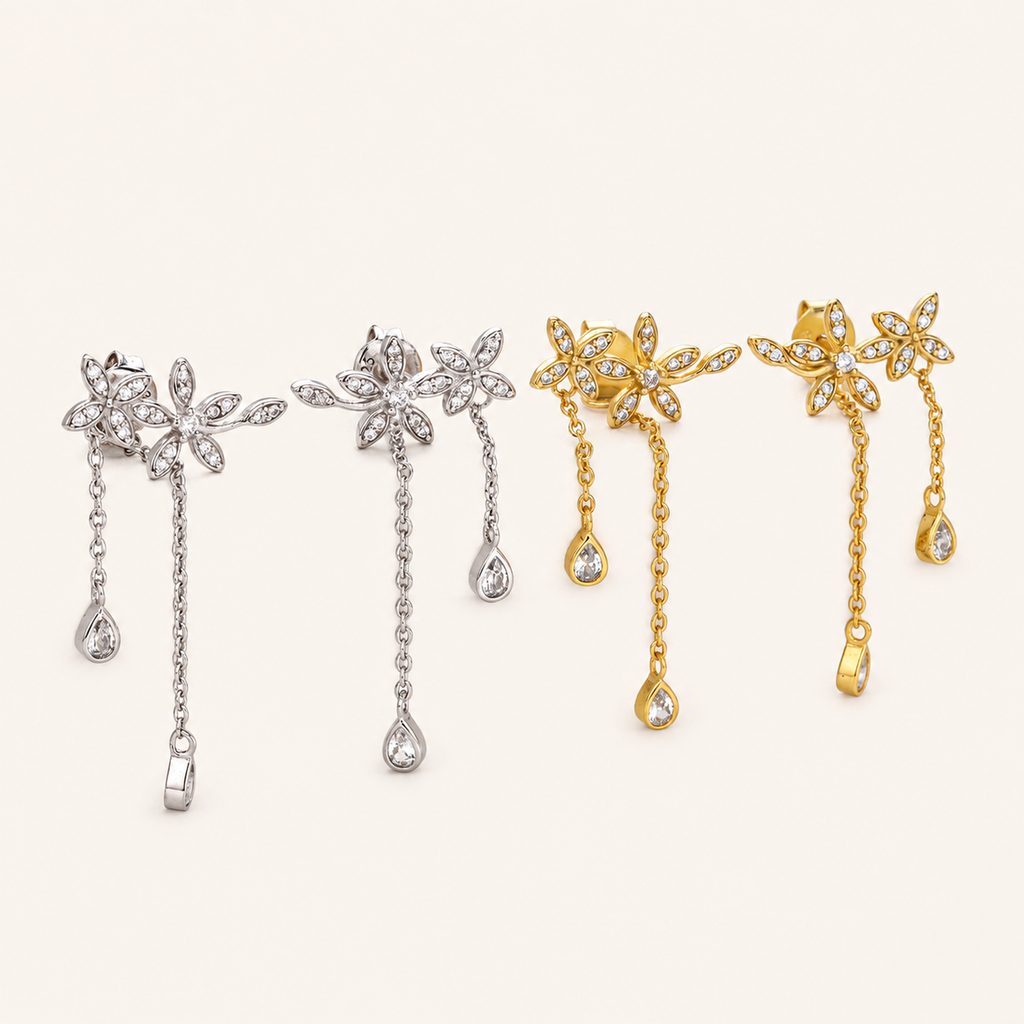 Sterling Silver Branch and Leaf Drop Stud Earrings detail