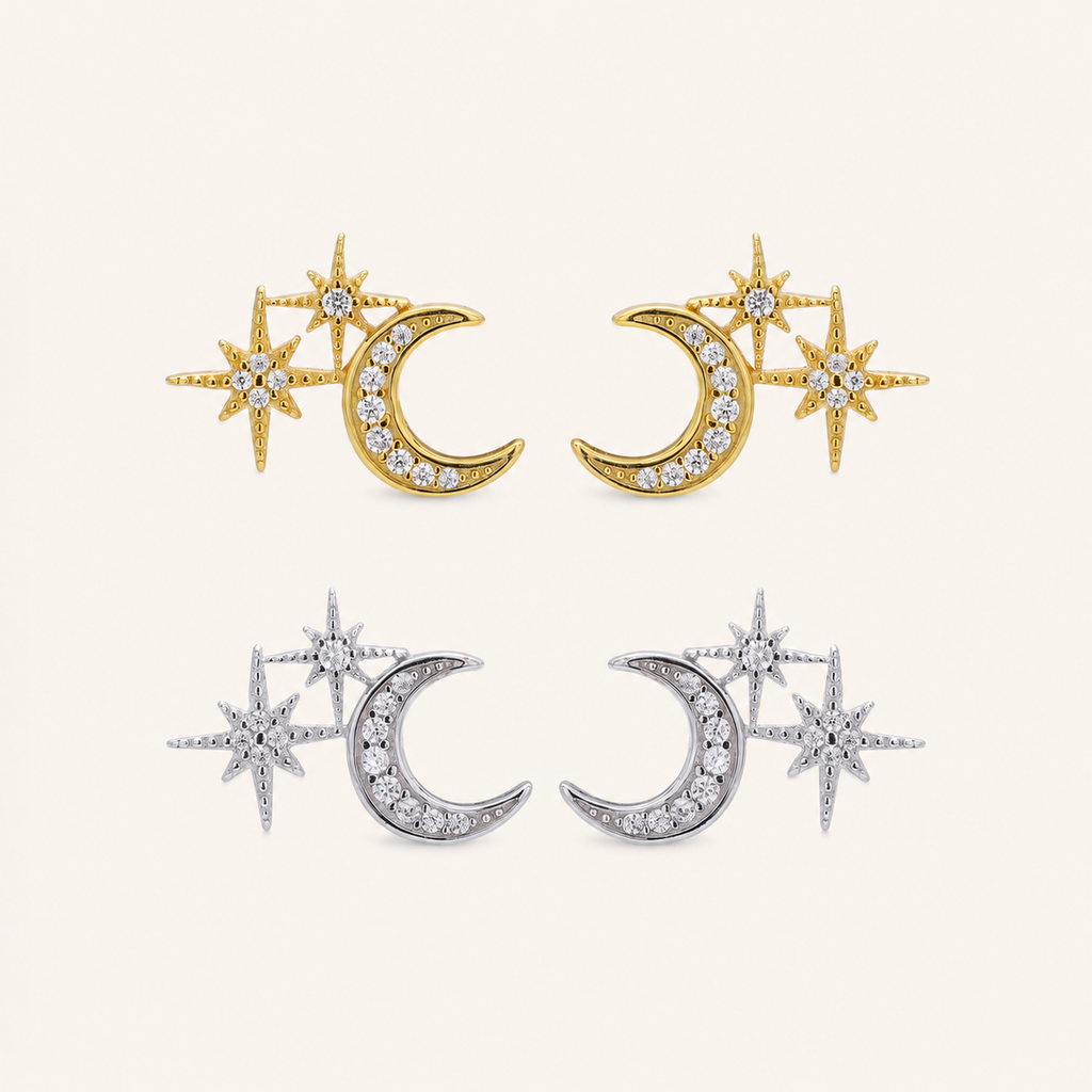 Sterling Silver Star and Moon Zirconia Stud Earrings