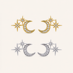 Sterling Silver Star and Moon Zirconia Stud Earrings