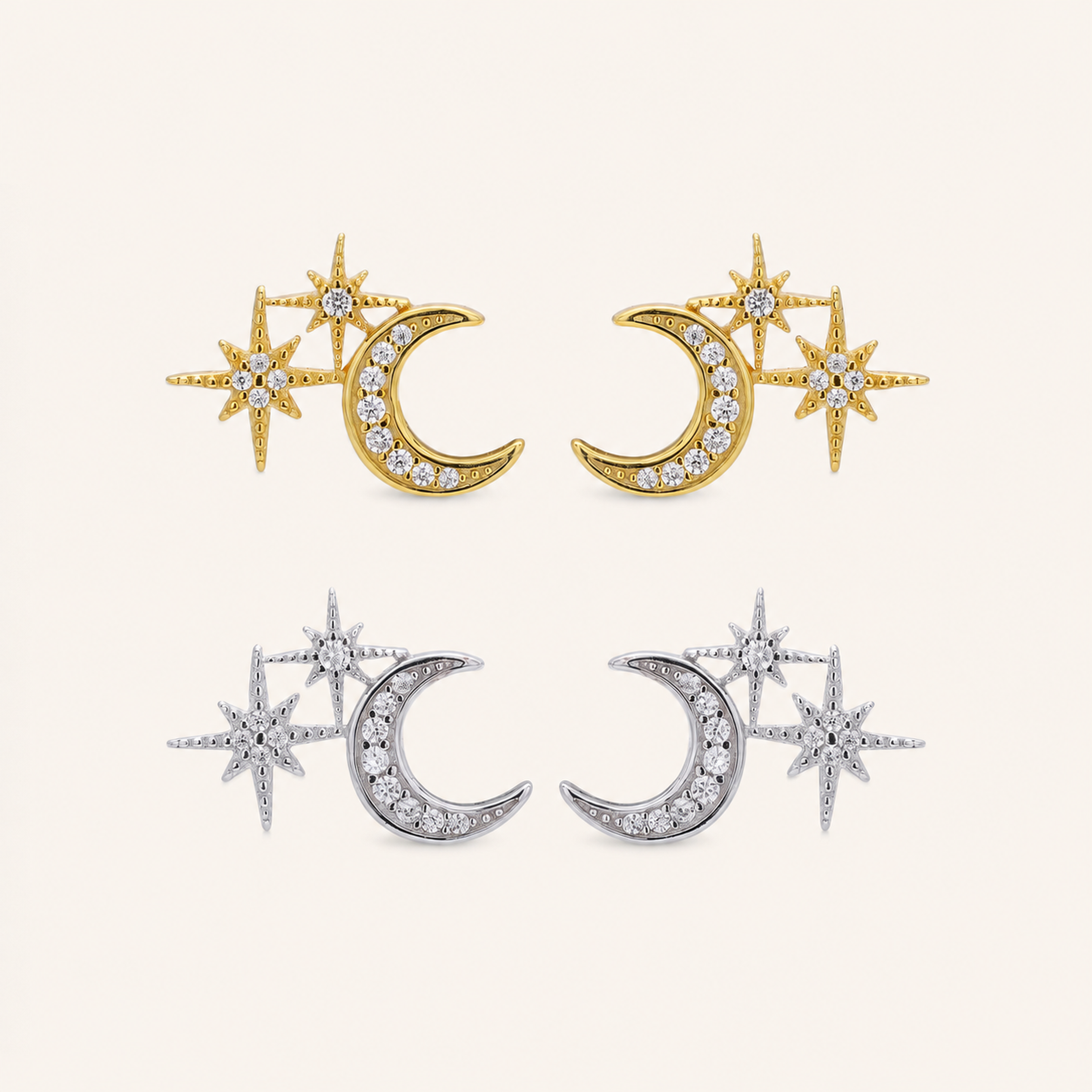 Sterling Silver Star and Moon Zirconia Stud Earrings