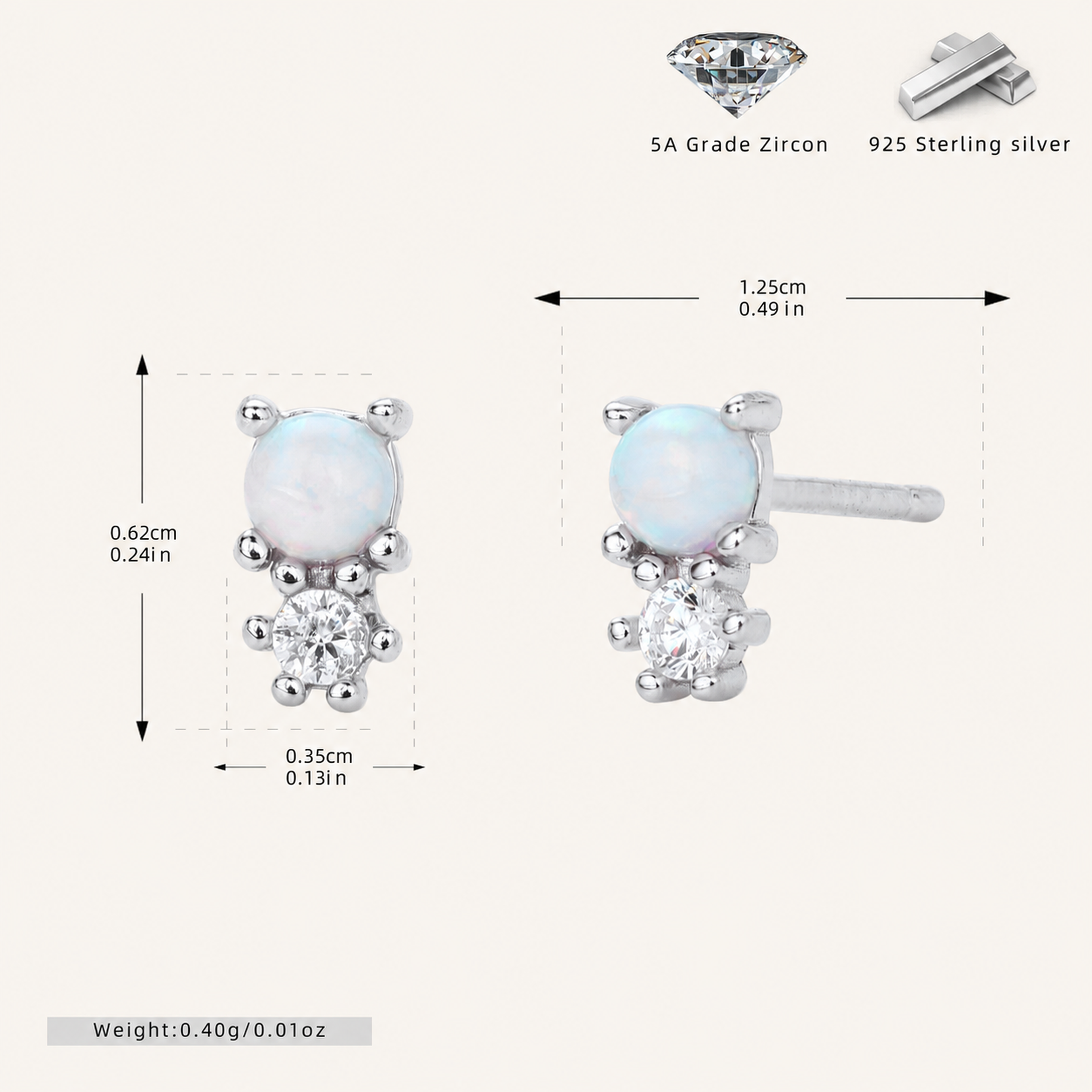 Sterling Silver Round Opal Stud Earrings - Platinum / White