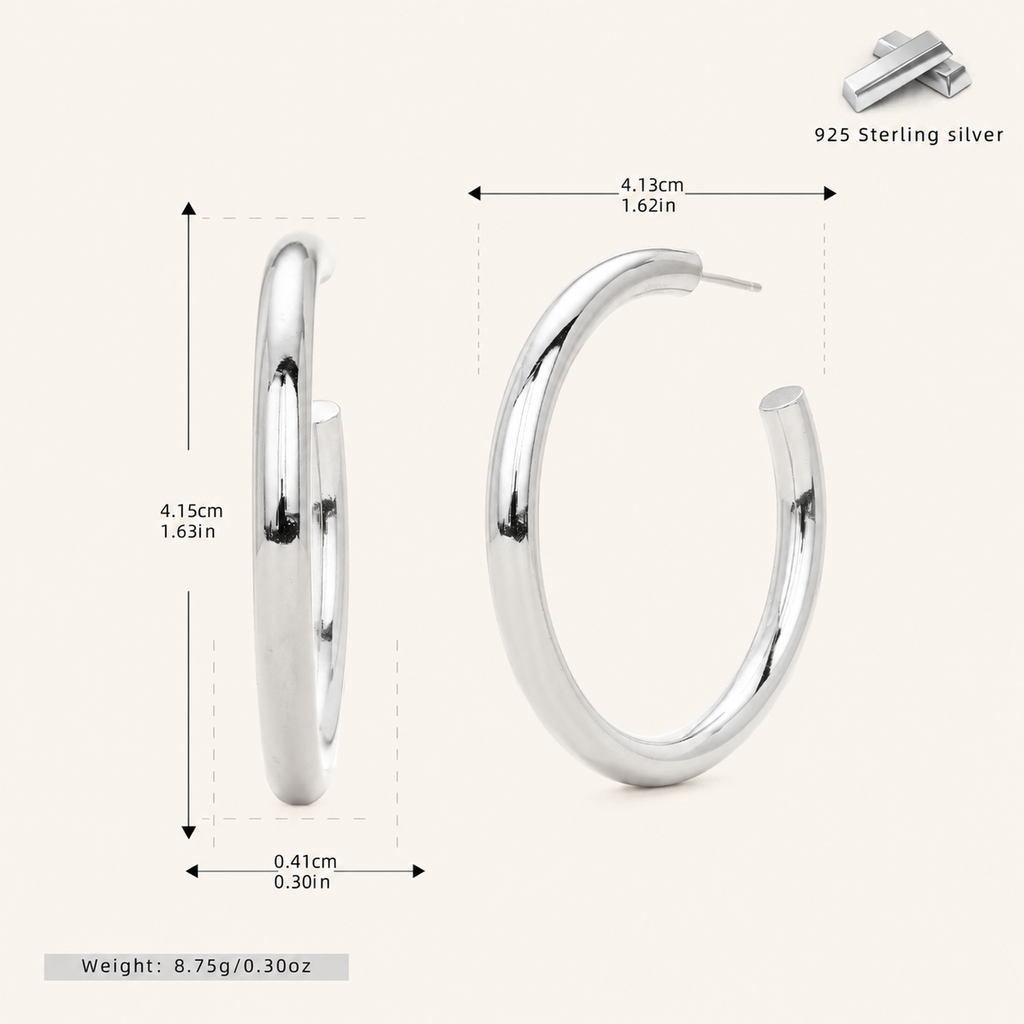 Sterling Silver Polished C-Shape Hoop Earrings - Platinum / 40mm