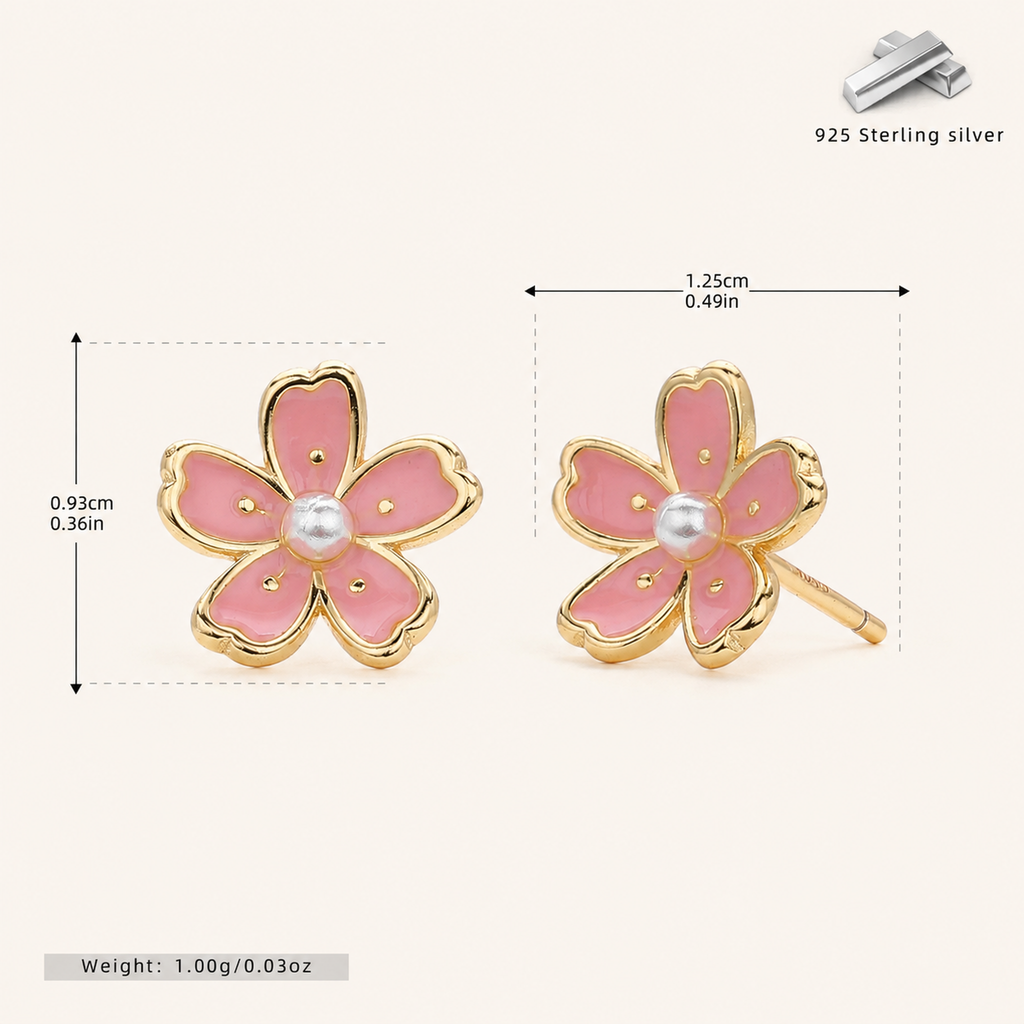 Sterling Silver Cherry Blossom Sakura Stud Earrings - Gold