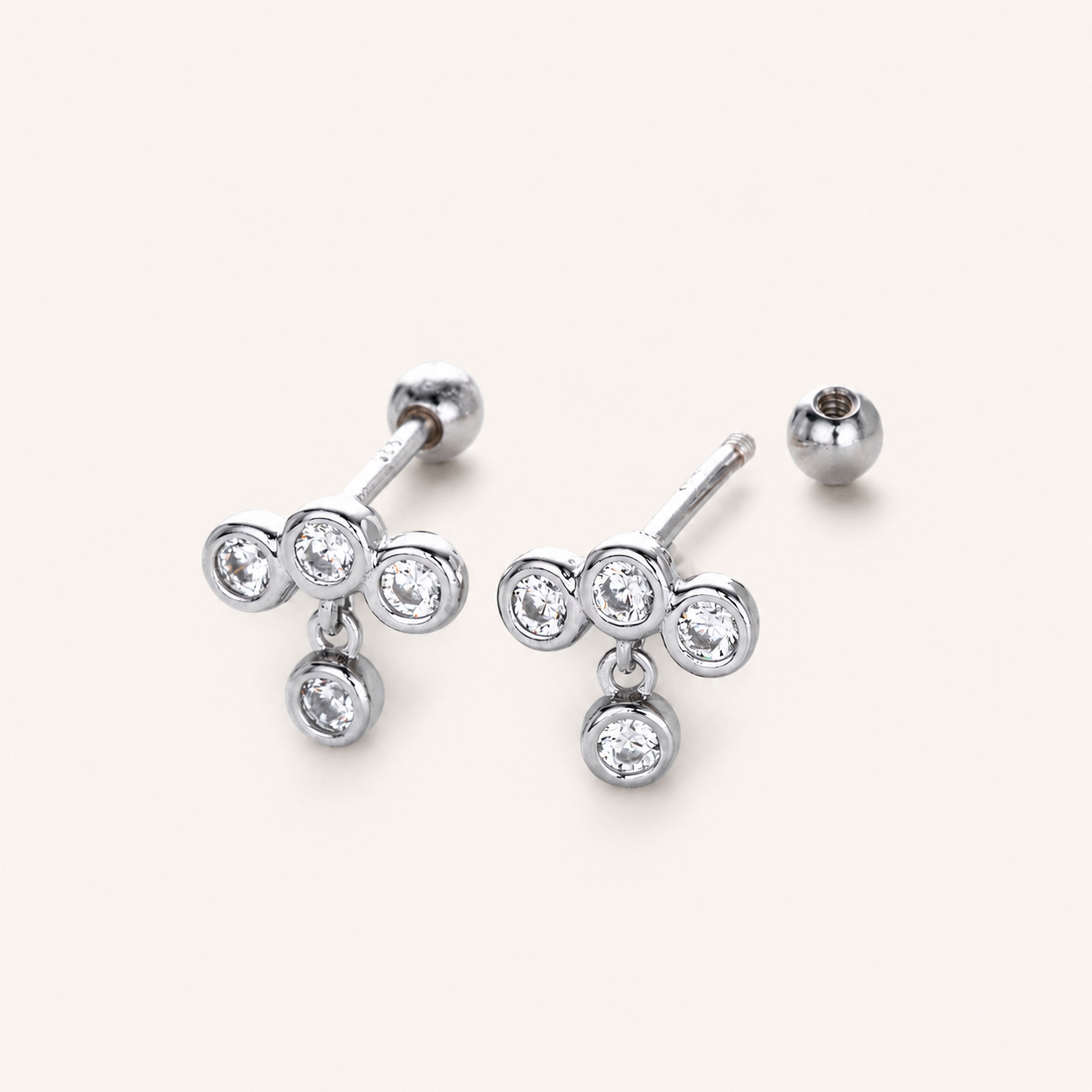 Sterling Silver Staggered Bezel Zirconia Flat Back Earrings detail view