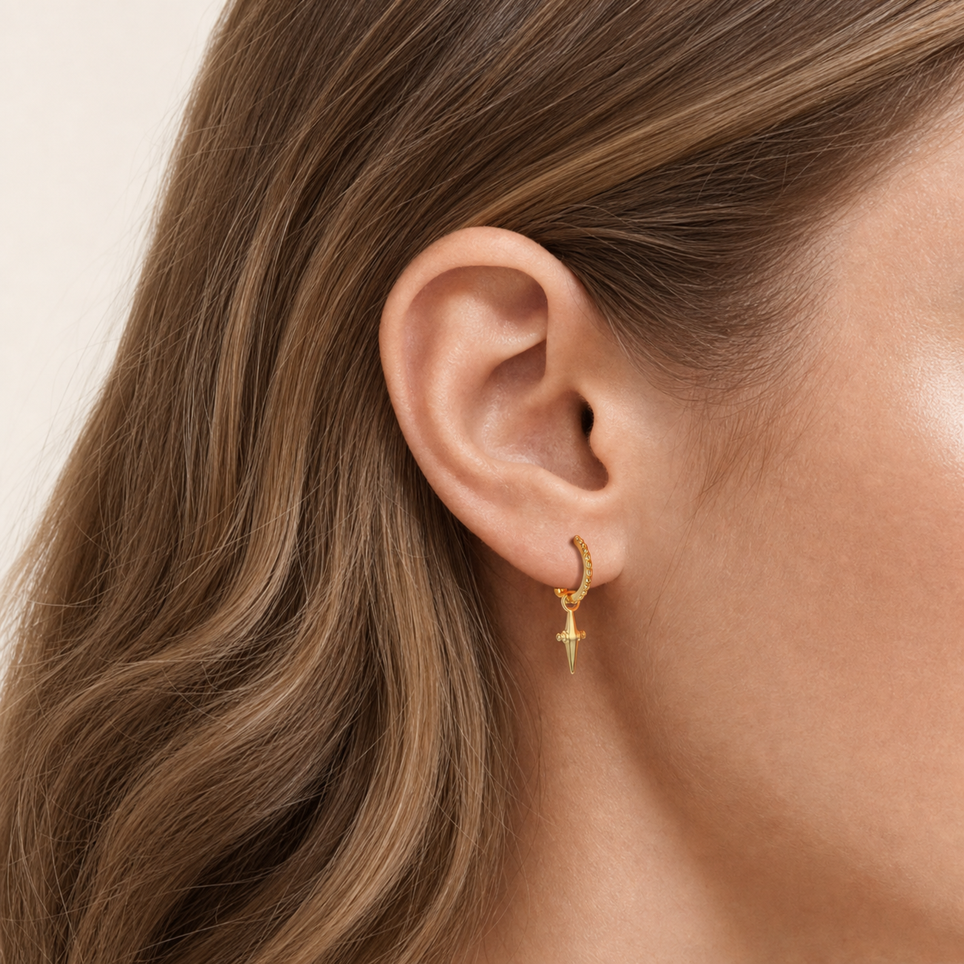 Sterling Silver Cross & Star Chain Drop Stud Earrings worn on the ear