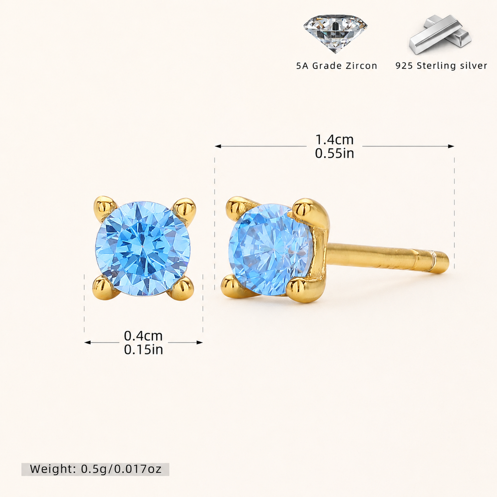 Sterling Silver Classic Zirconia Solitaire Stud Earrings - Gold / Aqua