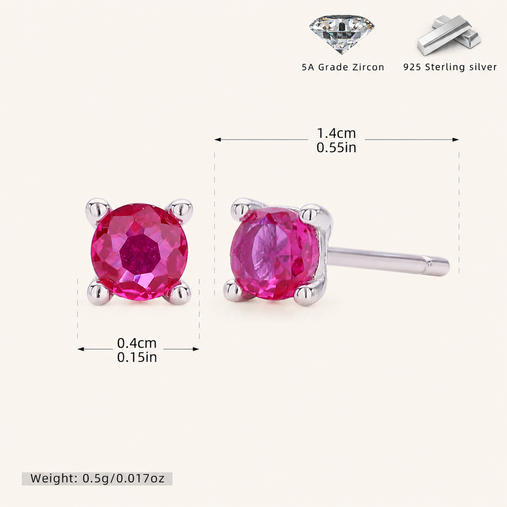 Sterling Silver Classic Zirconia Solitaire Stud Earrings - Platinum / Red Corundum