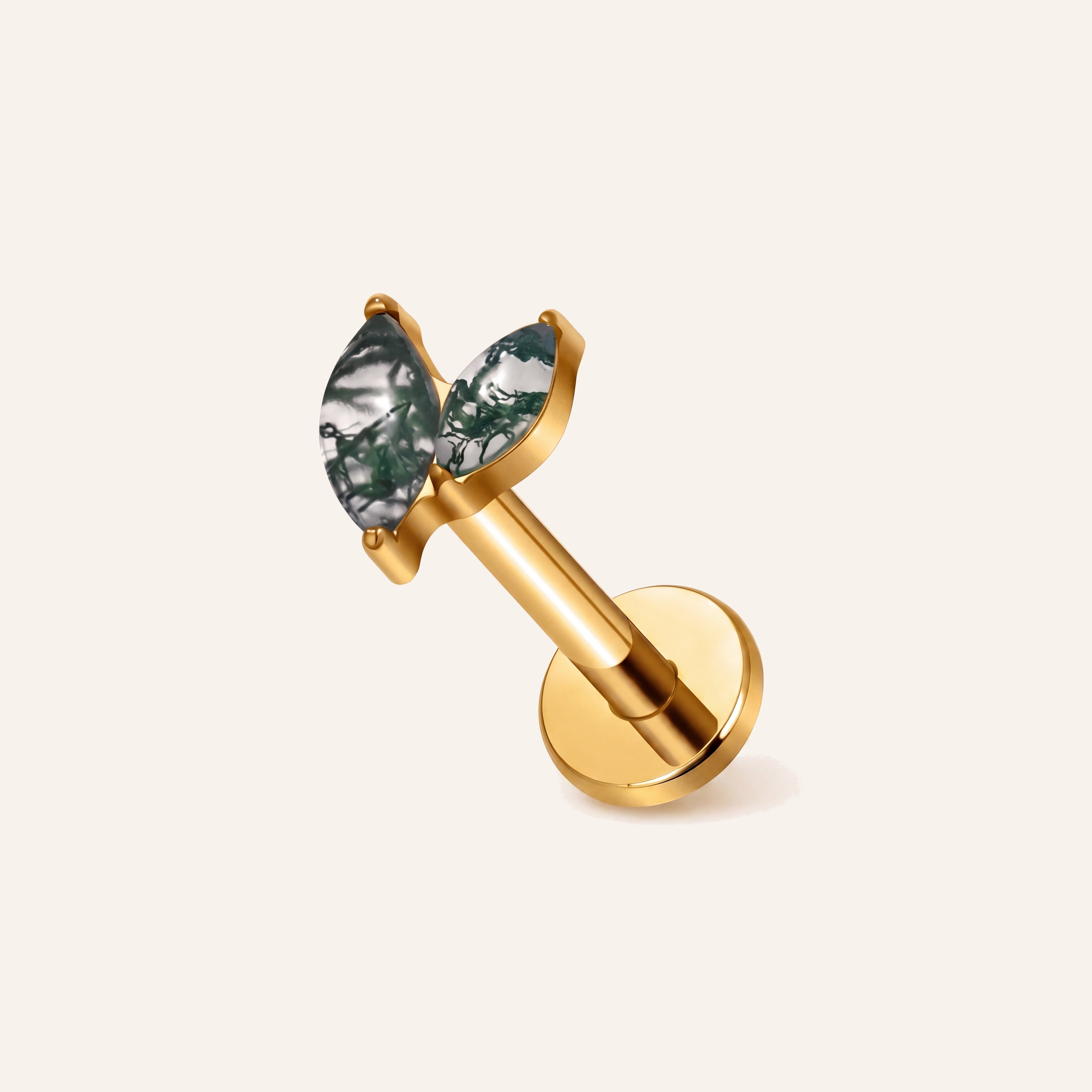 Moss Agate Marquise Titanium Flat Back Earring - Gold