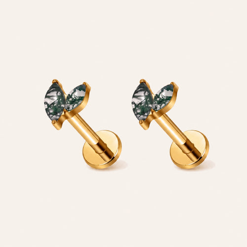 Moss Agate Marquise Titanium Flat Back Earring - Gold
